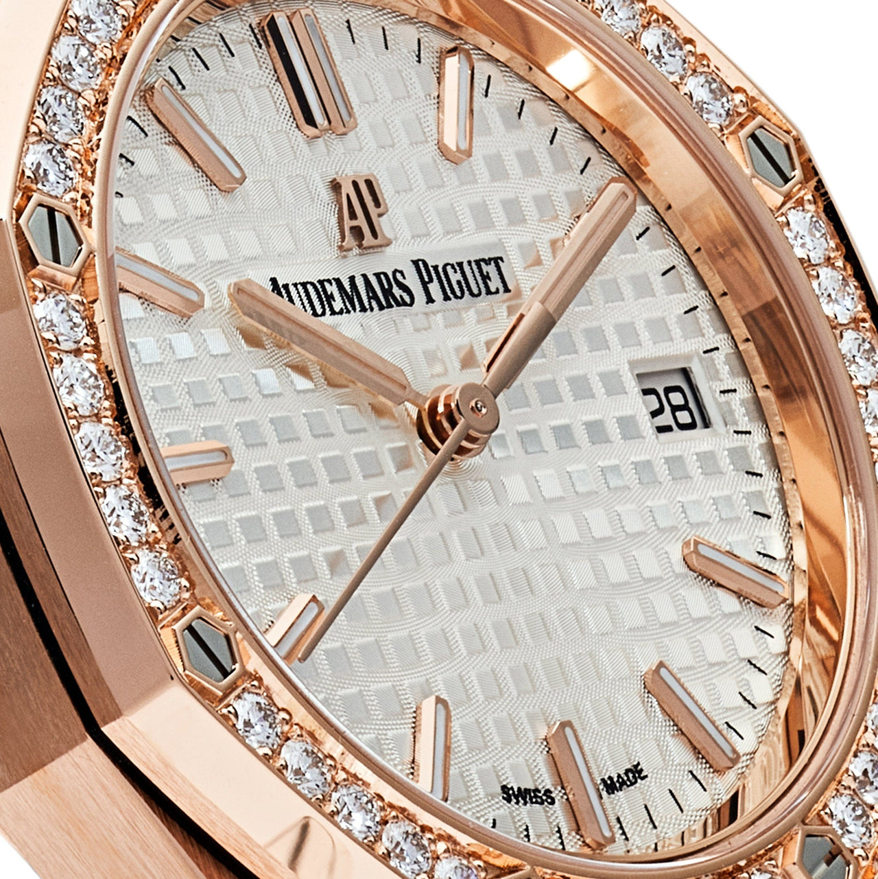 Luxury Watch Audemars Piguet Royal Oak Selfwinding 34mm Rose Gold White Dial Diamond Bezel 77351OR.ZZ.1261OR.01 Wrist Aficionado