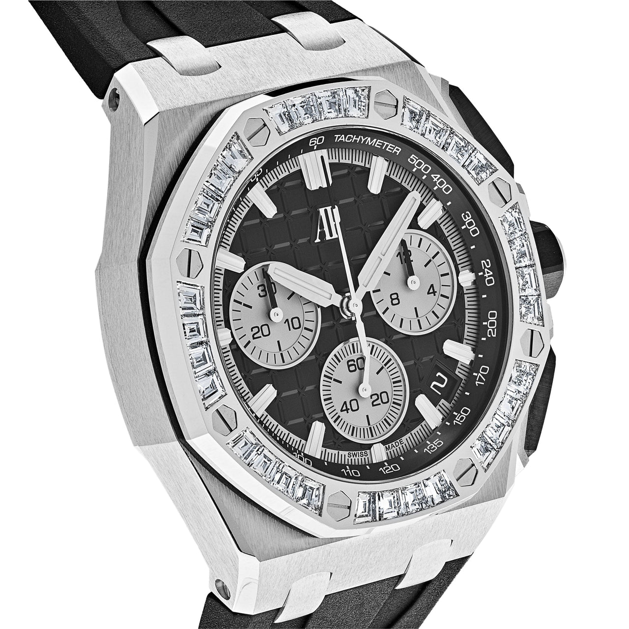 Luxury Watch Audemars Piguet Royal Oak Offshore Selfwinding Chronograph White Gold Diamond Bezel Black Dial 26424BC.ZZ.D002CA.01 Wrist Aficionado