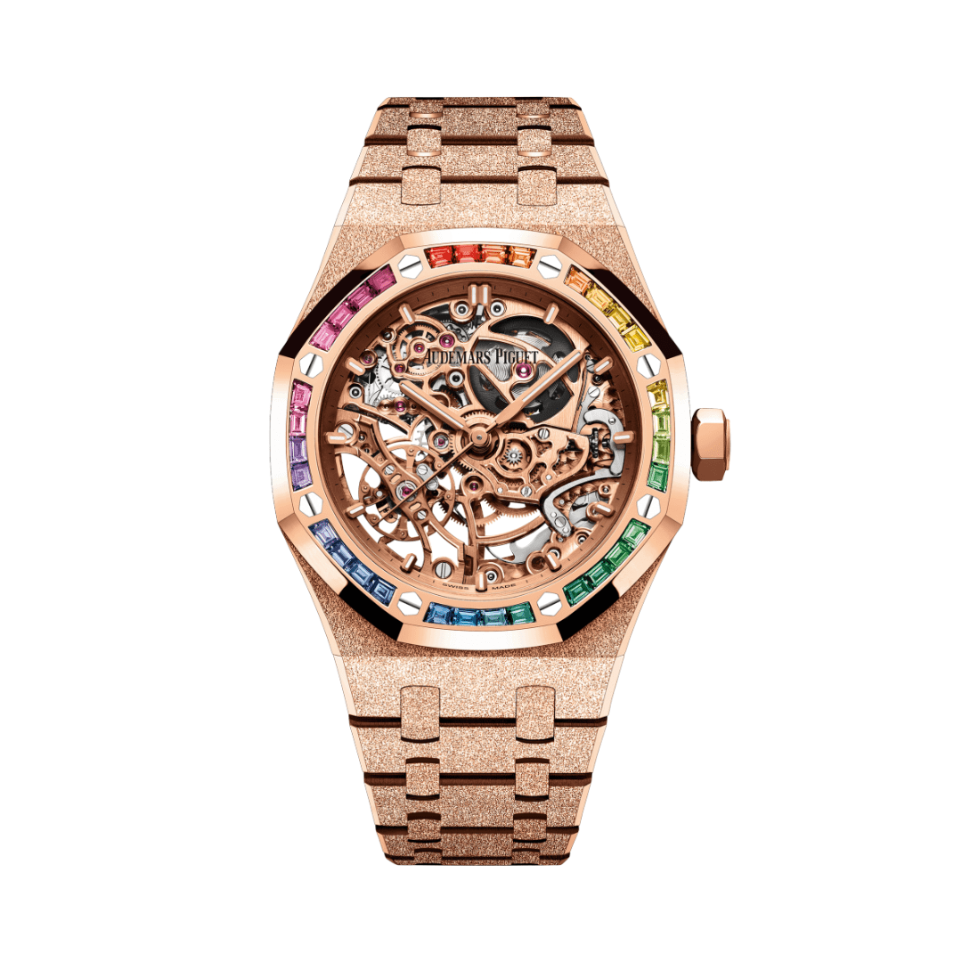 Audemars Piguet Royal Oak Openworked Frosted Rose Gold Rainbow Bezel 15468OR.YG.1259OR.01 Wrist Aficionado