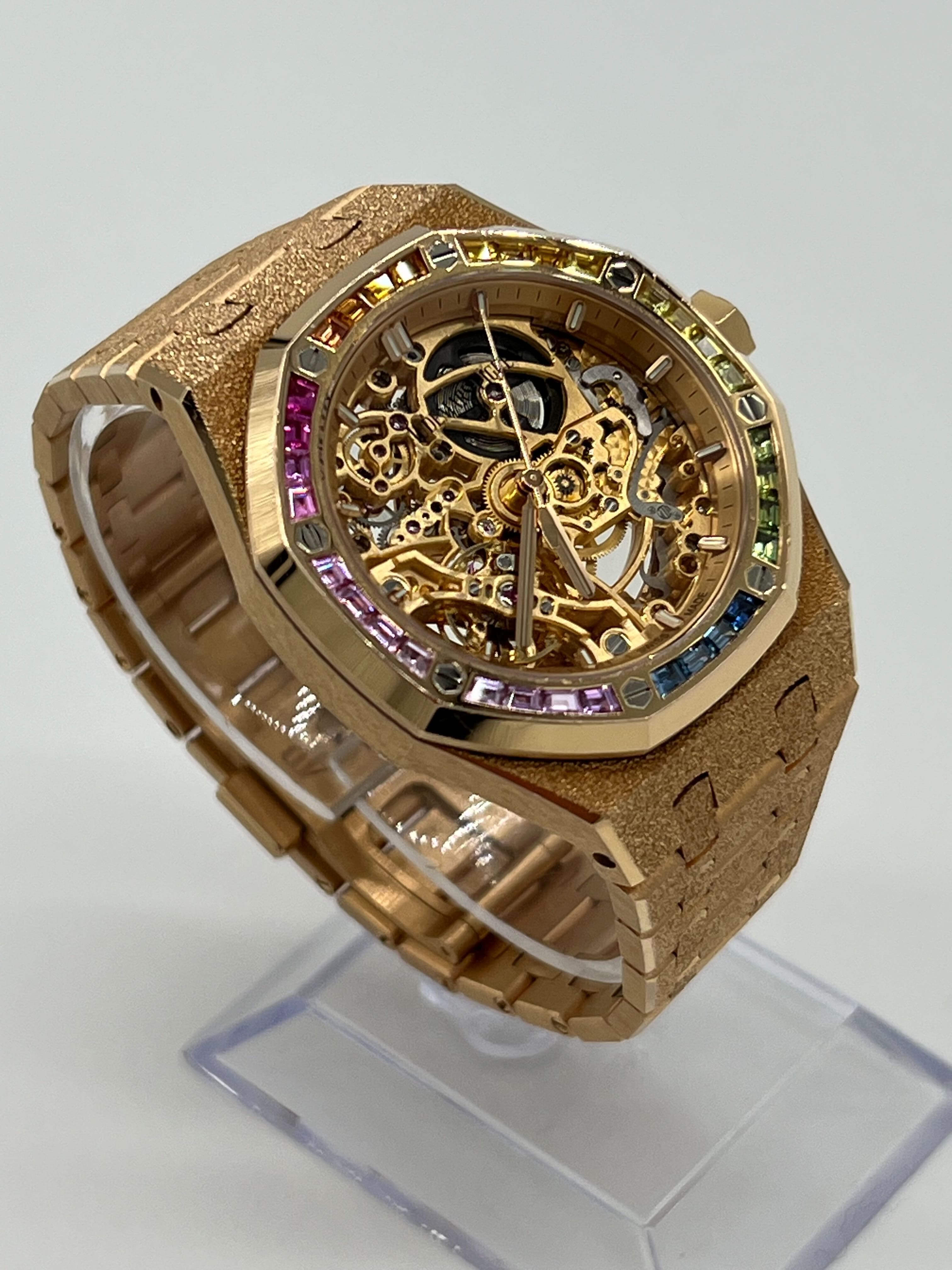 Audemars Piguet Royal Oak Openworked Frosted Rose Gold Rainbow Bezel 15468OR.YG.1259OR.01 Wrist Aficionado