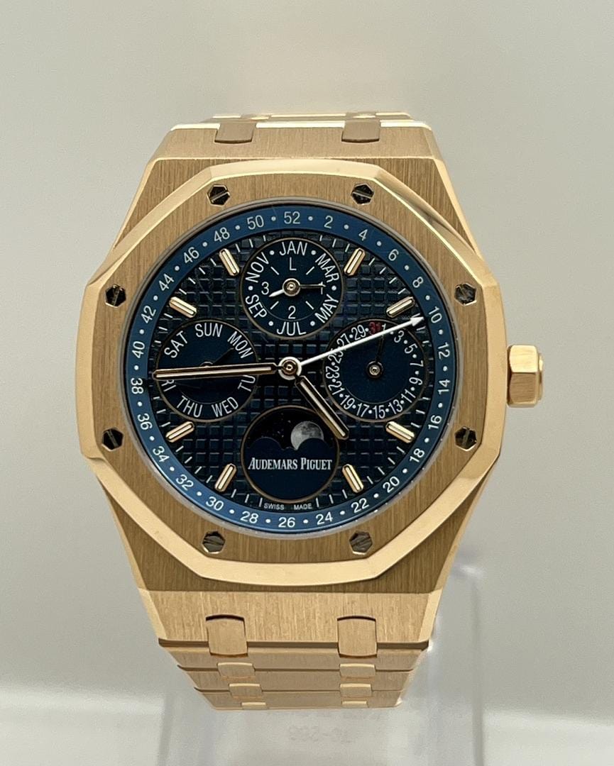 Luxury Watch Audemars Piguet Royal Oak Perpetual Calendar Rose Gold Blue Dial 26574OR.OO.1220OR.02 Wrist Aficionado