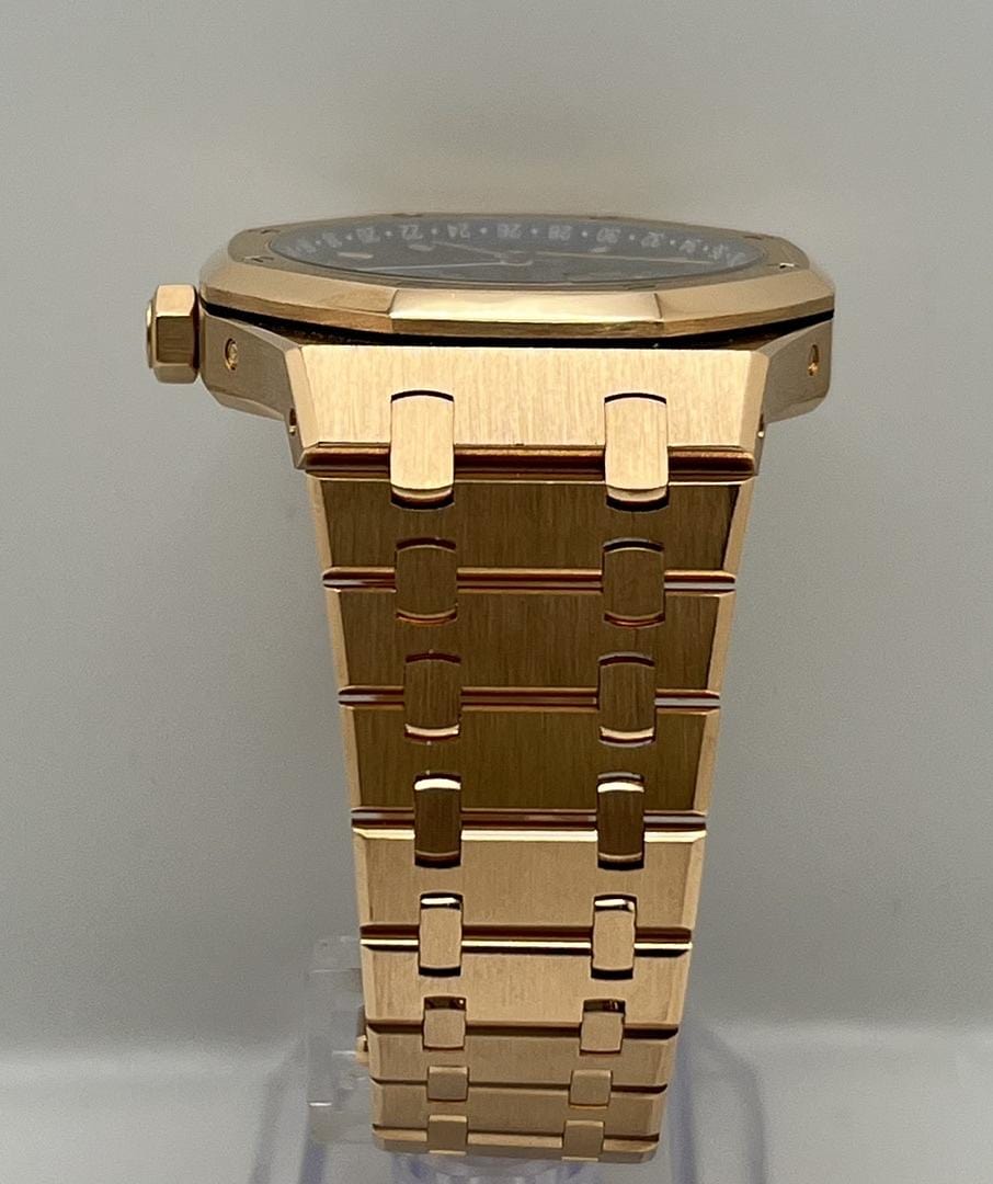 Luxury Watch Audemars Piguet Royal Oak Perpetual Calendar Rose Gold Blue Dial 26574OR.OO.1220OR.02 Wrist Aficionado