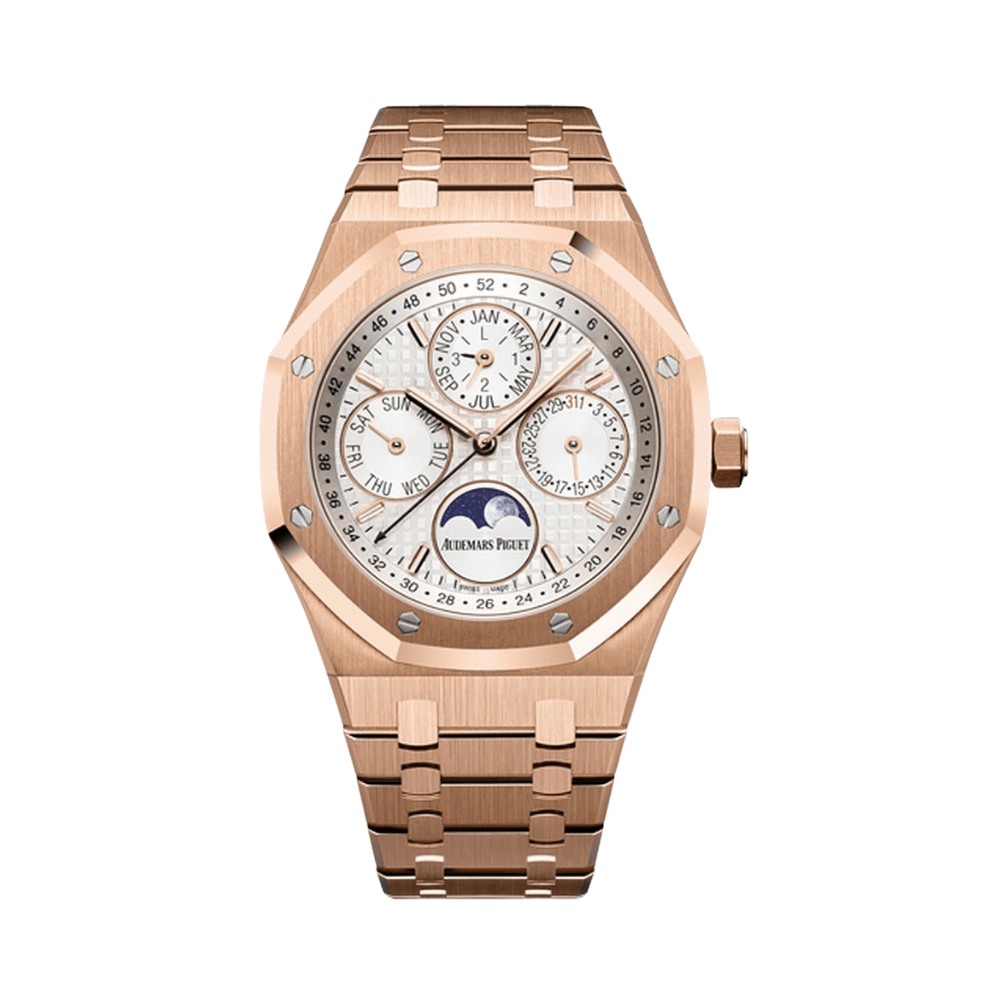 Luxury Watch Audemars Piguet Royal Oak Perpetual Calendar Rose Gold Silver Dial 26574OR.OO.1220OR.01 Wrist Aficionado