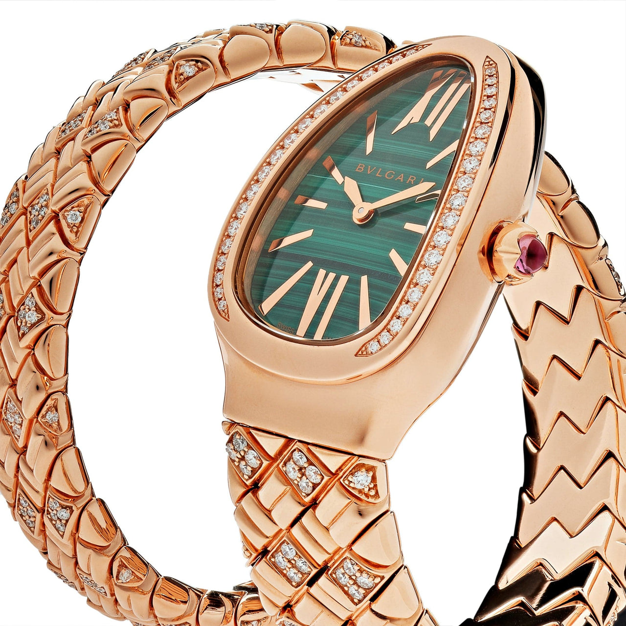 Luxury Watch Bvlgari Serpenti Spiga Rose Gold Malachite Dial Diamond Watch 103626 Wrist Aficionado