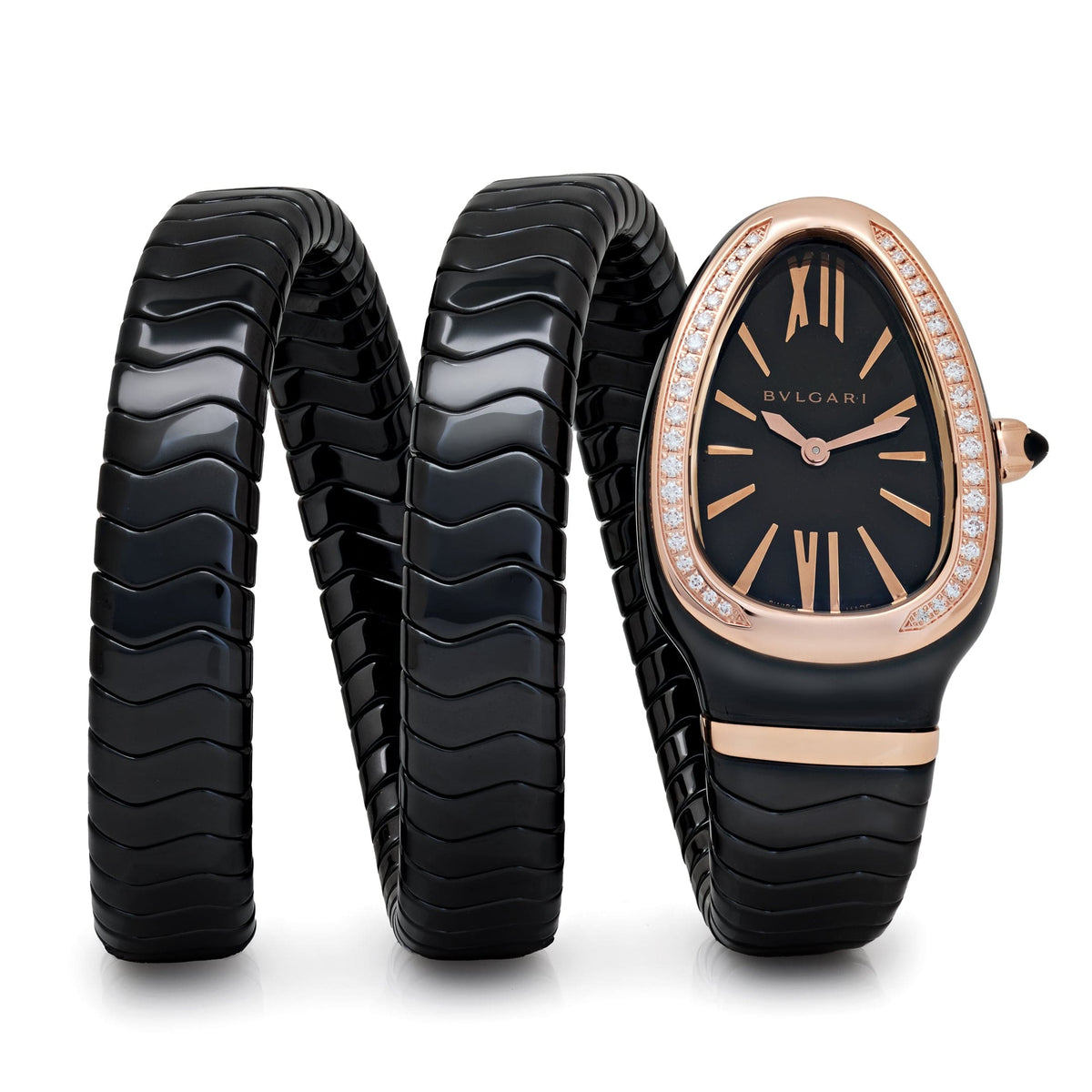 Bvlgari Serpenti Spiga Watch 102885 Black Ceramic and Rose Gold Black Lacquered Polished Dial Diamond Bezel (2026)