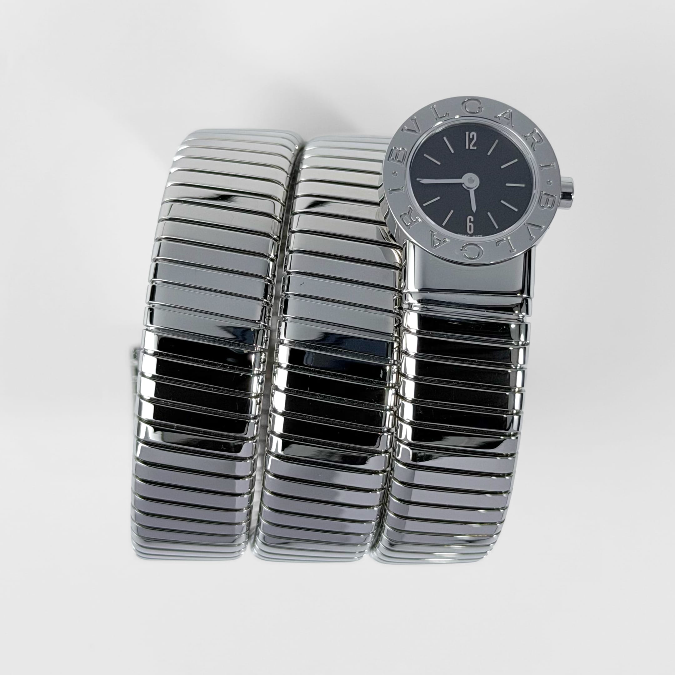 BVLGARI Tubogas BB191TS 3 Row Stainless Steel Black Dial Quartz