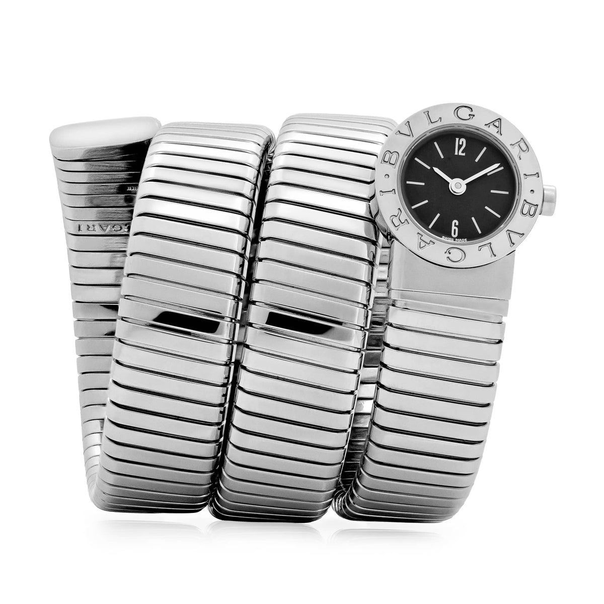 BVLGARI Tubogas BB191TS 3 Row Stainless Steel Black Dial Quartz