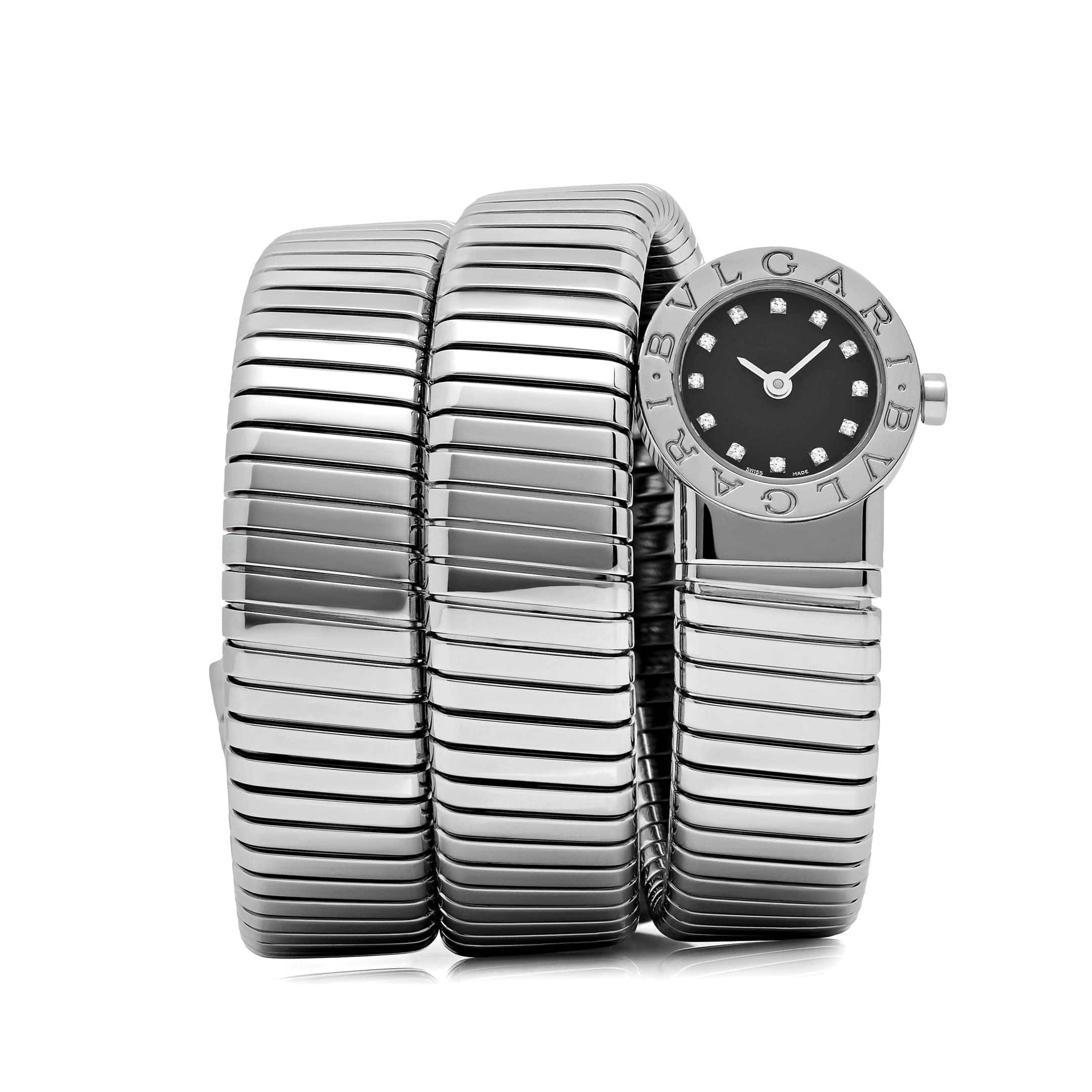 BVLGARI Tubogas BB191TS 3 Row Stainless Steel Diamond Dial Quartz