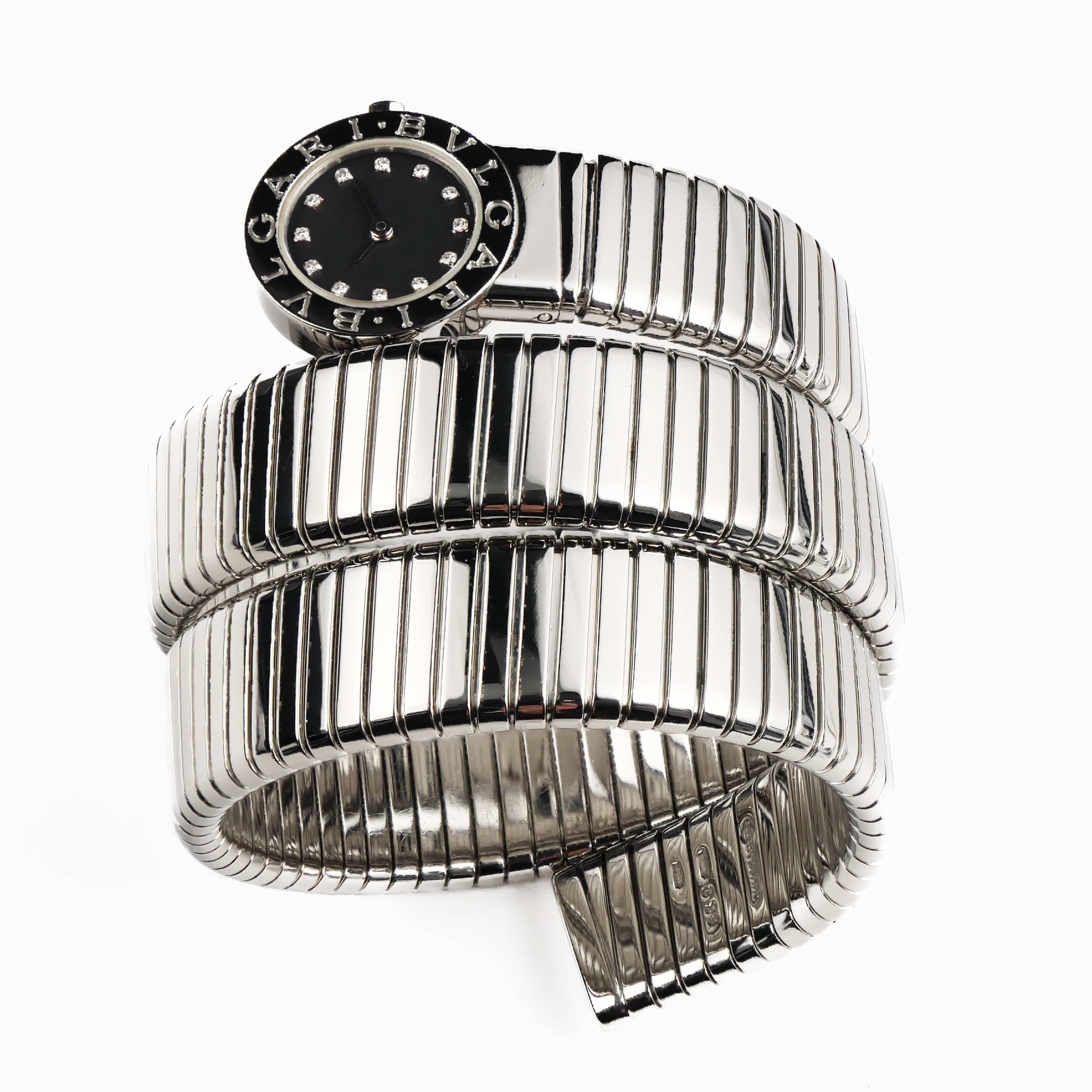 BVLGARI Tubogas BB191TS 3 Row Stainless Steel Diamond Dial Quartz