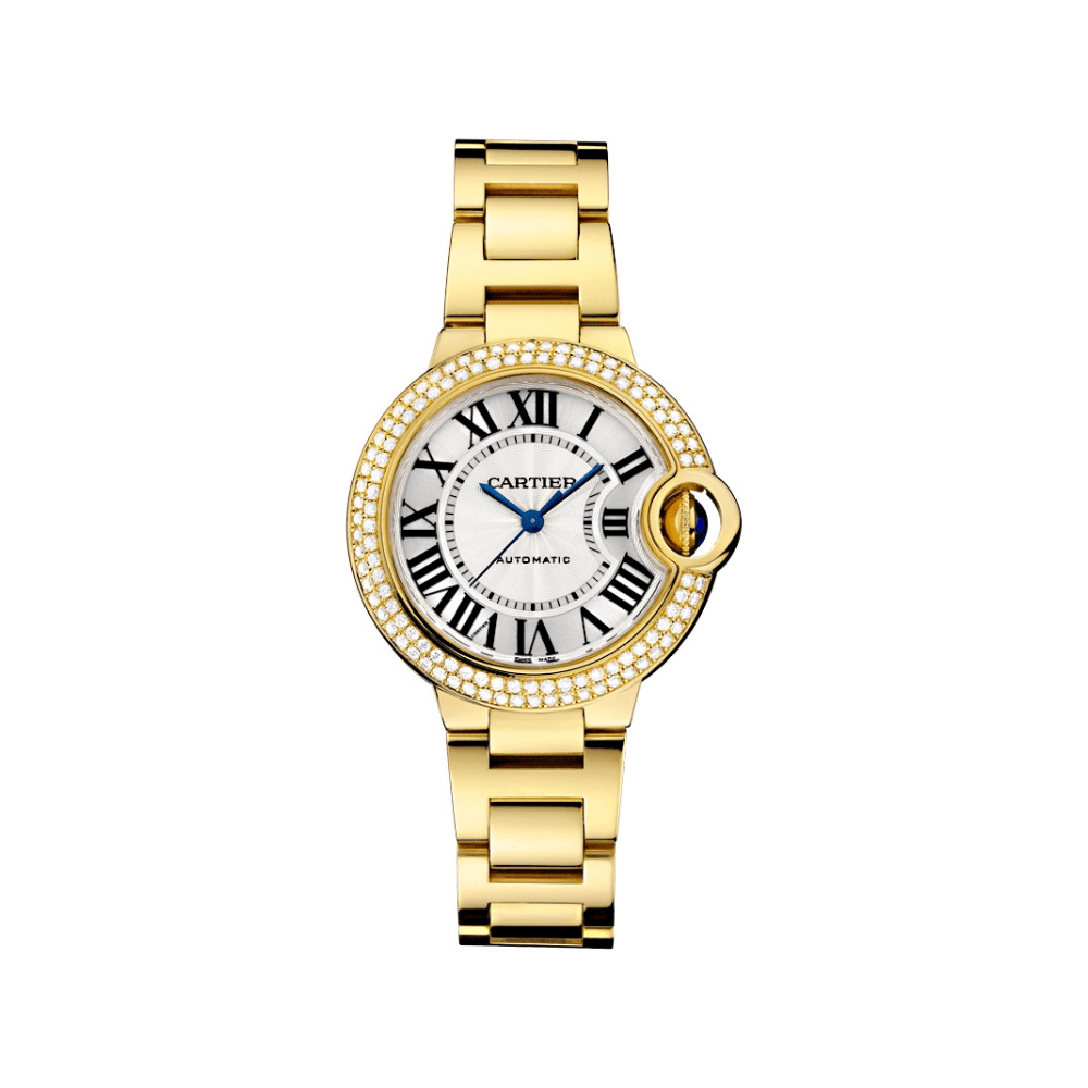 Luxury Watch Cartier Ballon Bleu 36mm Yellow Gold Roman Dial Diamond Bezel WE900451 Wrist Aficionado