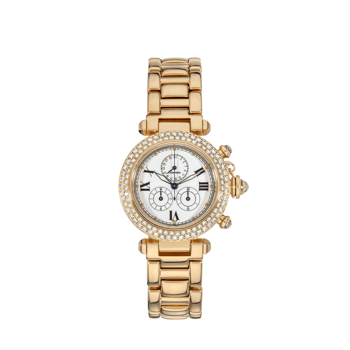 Cartier Pasha Chronograph W3004251 'Ladies' Yellow Gold White Dial Diamond Bezel Quartz