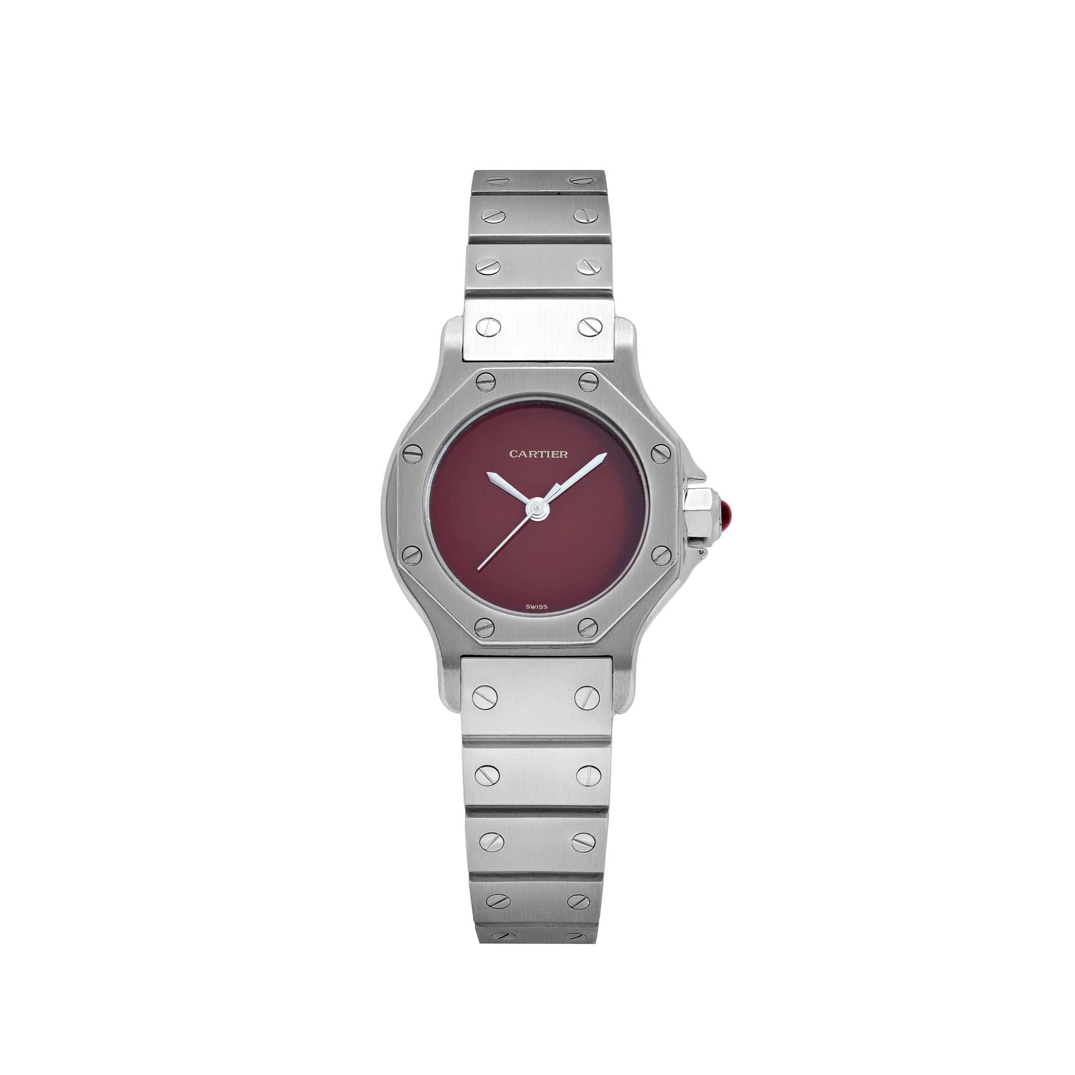 Cartier サントス ベルトコマ レディース Cartier Santos Octagon 0906 Stainless Steel Burgundy Dial Quartz