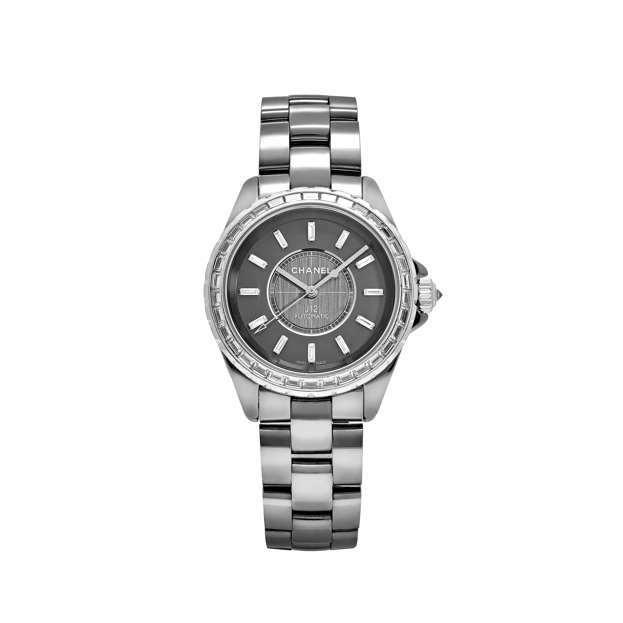 Chanel J12 H3155 Chromatic Ceramic Titanium Grey Baguette Diamond Dial and Bezel