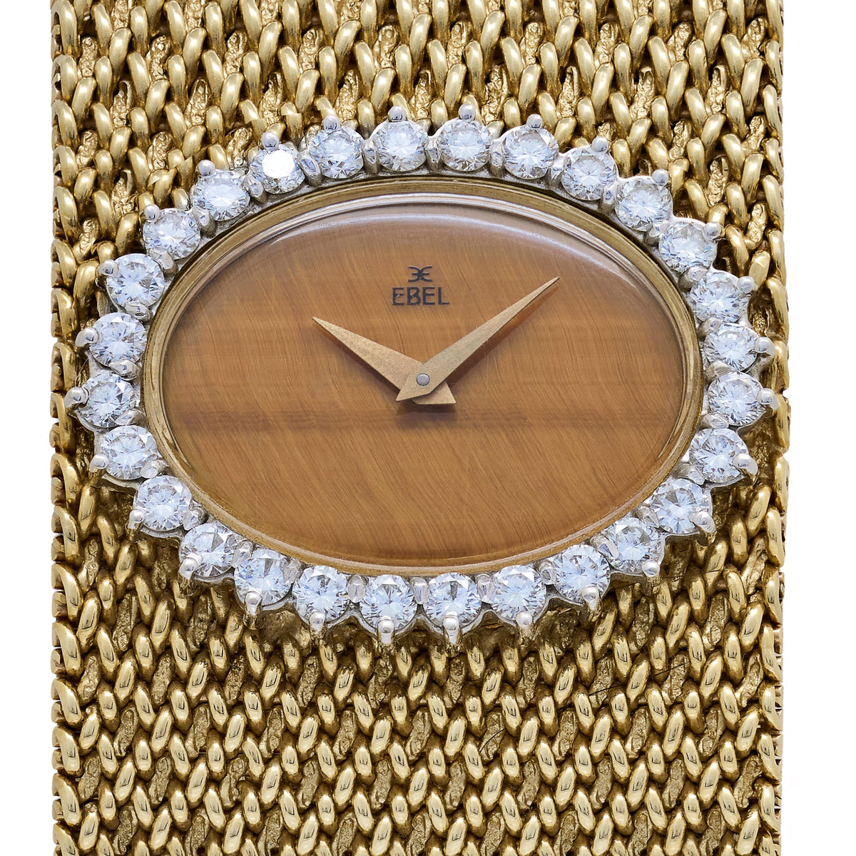 Ebel Vintage Bracelet Watch Yellow Gold Tiger Eye Stone Dial Diamond Bezel