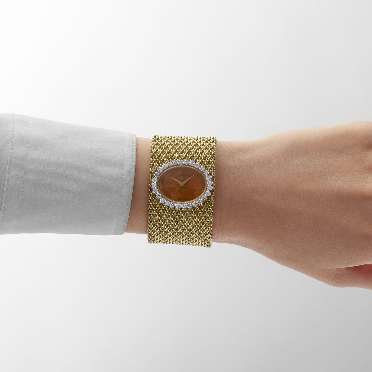 Ebel Vintage Bracelet Watch Yellow Gold Tiger Eye Stone Dial Diamond Bezel