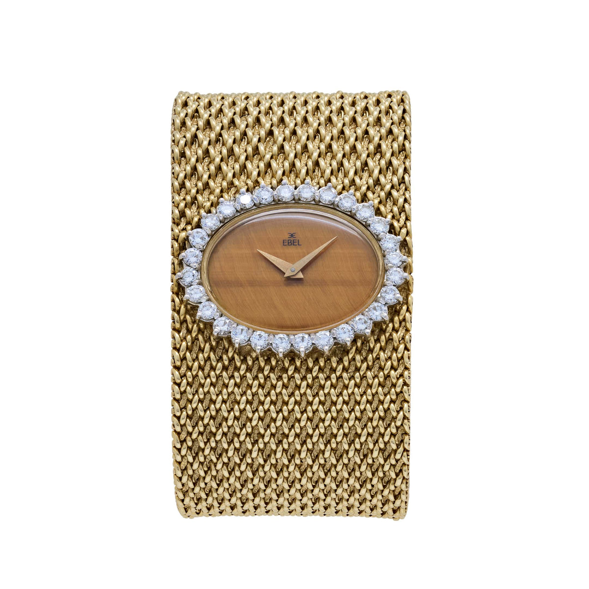 Ebel Vintage Bracelet Watch Yellow Gold Tiger Eye Stone Dial Diamond Bezel
