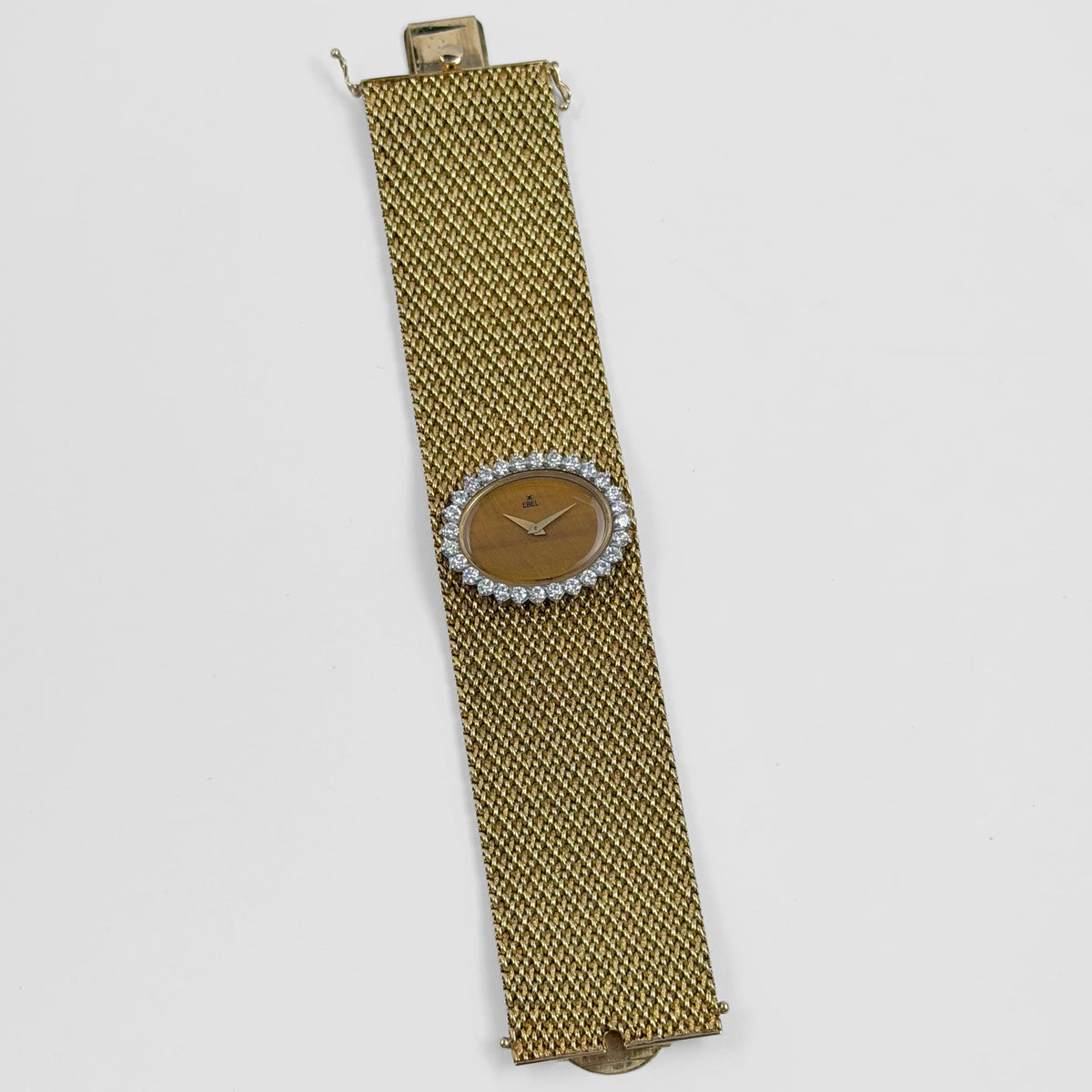 Ebel Vintage Bracelet Watch Yellow Gold Tiger Eye Stone Dial Diamond Bezel