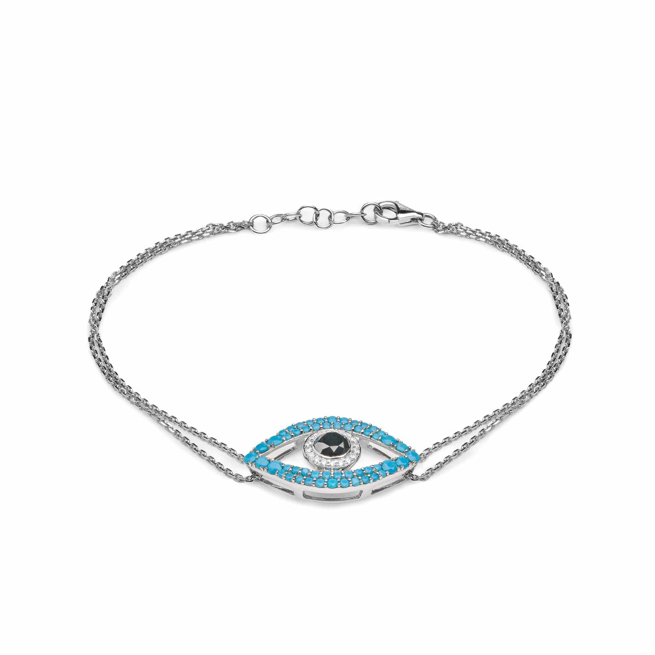 Bracelets Evil Eye Turquoise, Black Diamond and White Diamond Halo White Gold Double Chain Bracelet Wrist Aficionado
