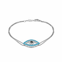 Thumbnail for Bracelets Evil Eye Turquoise, Black Diamond and White Diamond Halo White Gold Double Chain Bracelet Wrist Aficionado