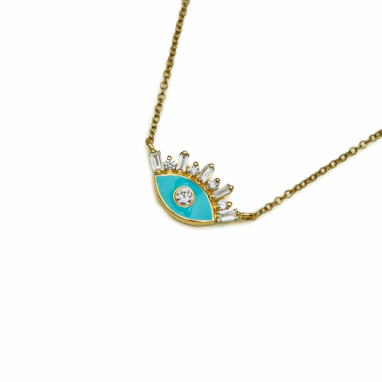 Necklace Evil Eye Turquoise Enamel and Diamond Yellow Gold Pendant Wrist Aficionado