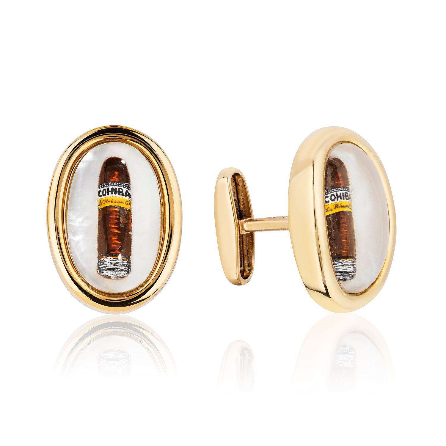 Cufflinks Gold Cufflinks - 18k Yellow Gold - Hand Painted Cigar Cufflinks Wrist Aficionado