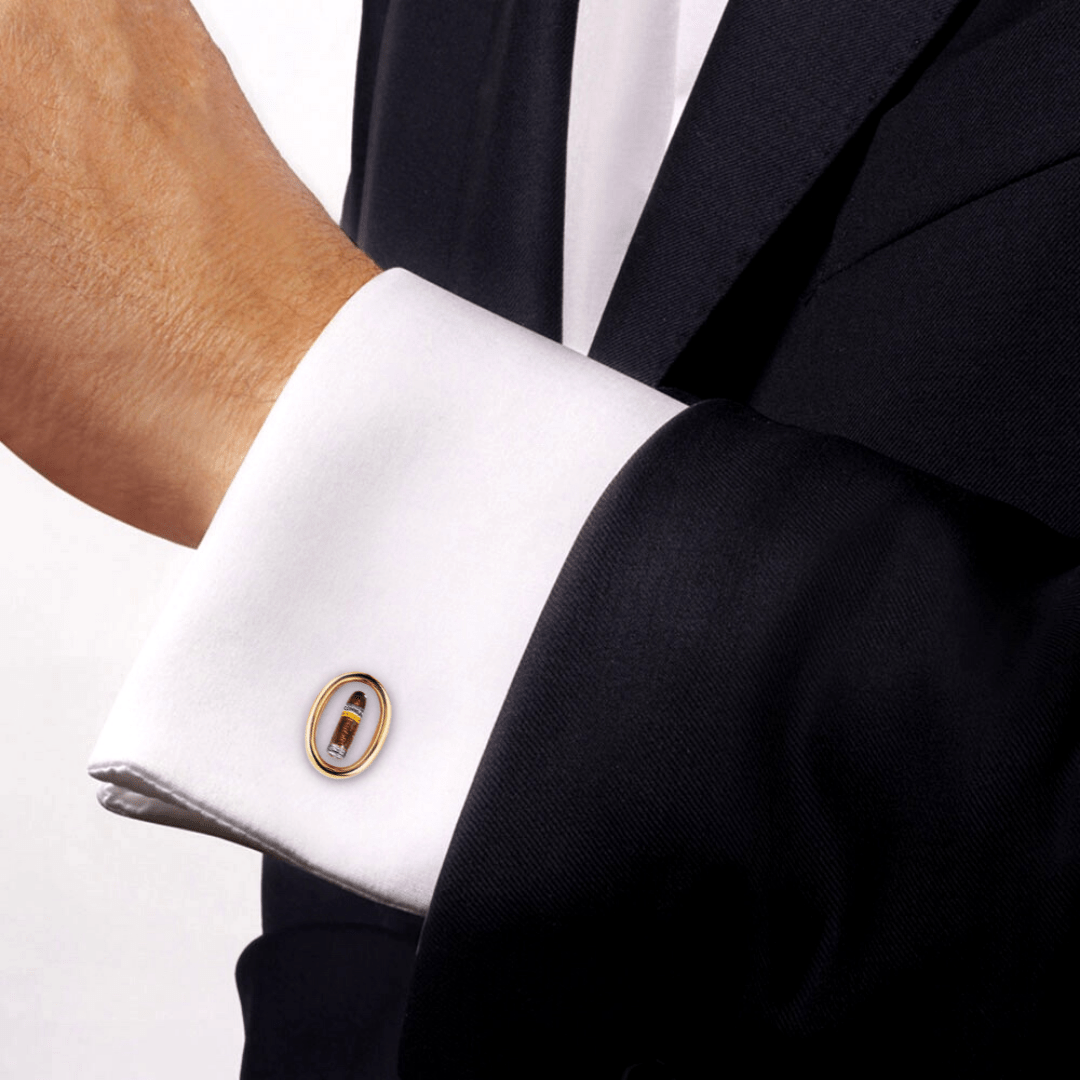 Cufflinks Gold Cufflinks - 18k Yellow Gold - Hand Painted Cigar Cufflinks Wrist Aficionado