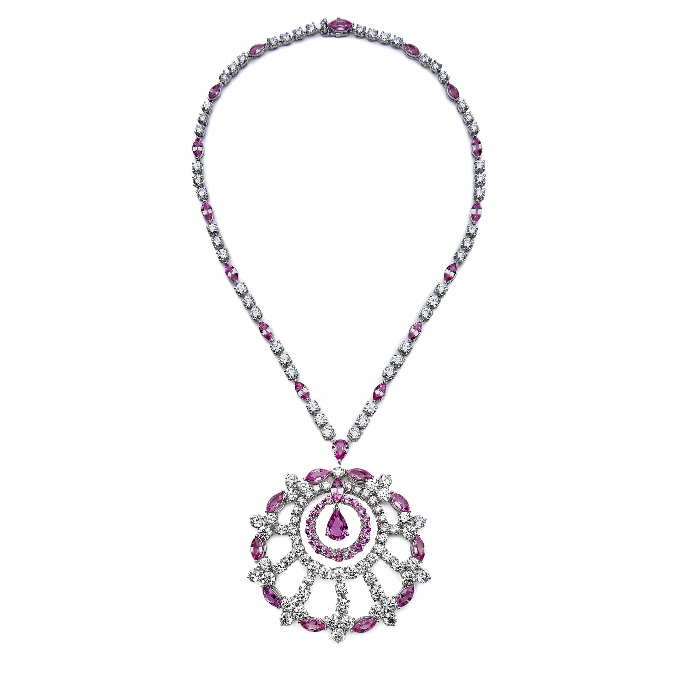 Necklace Graff White Gold Diamond and Pink Sapphire Large Snowflake Necklace Wrist Aficionado