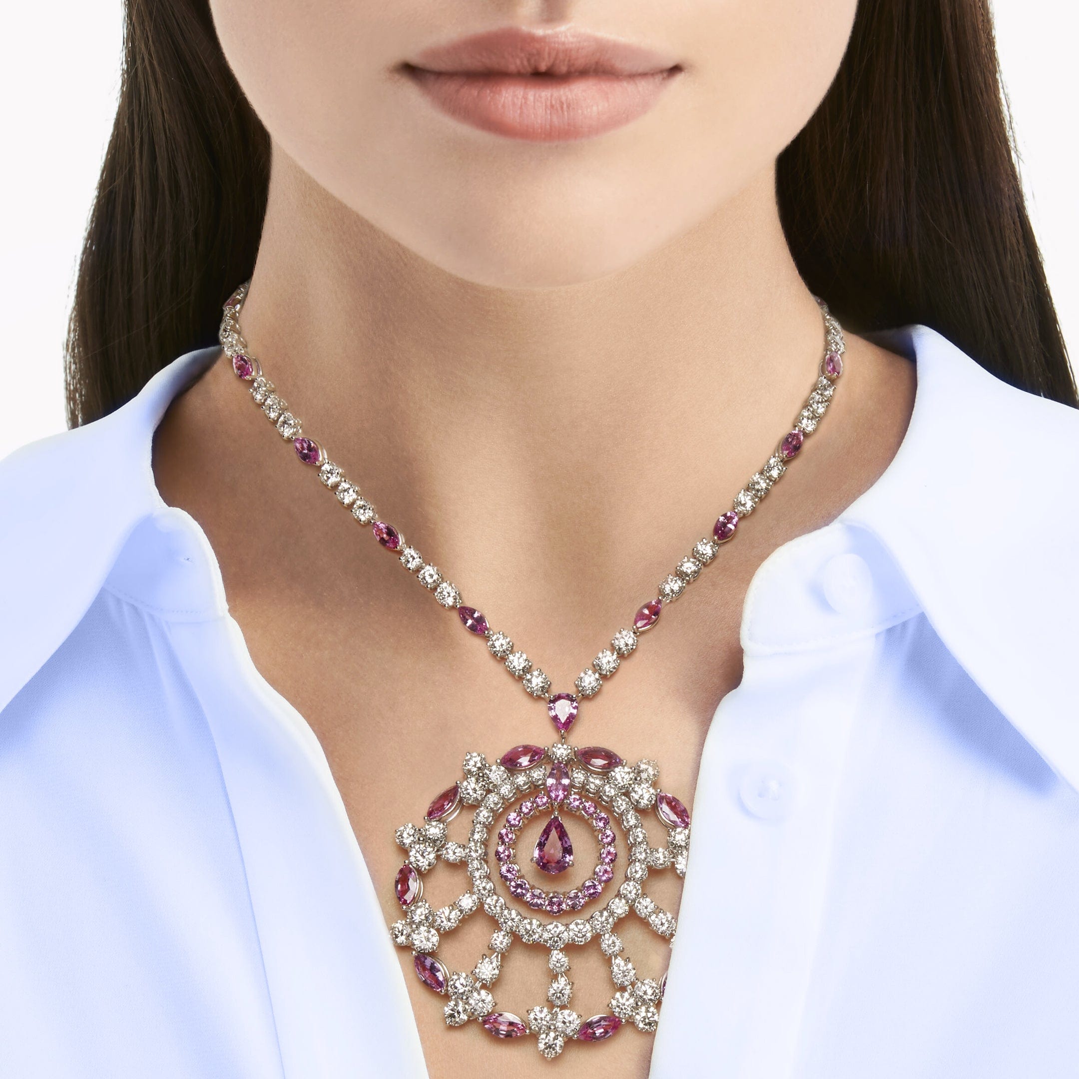 Necklace Graff White Gold Diamond and Pink Sapphire Large Snowflake Necklace Wrist Aficionado