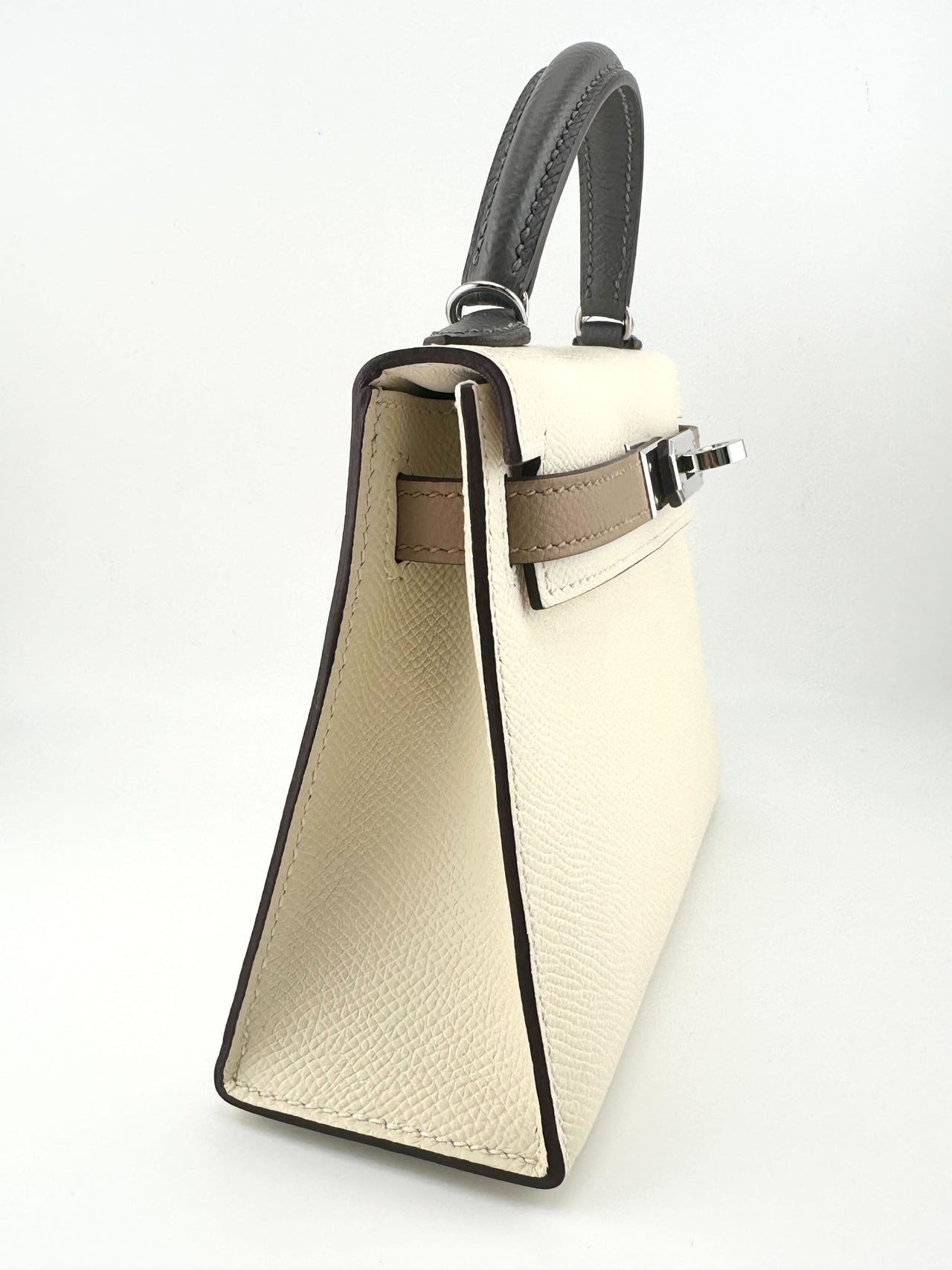 Hermes Kelly 20 Mini Tri Color Epsom Leather Nata, Gris Etain, Chai Palladium Hardware