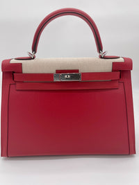 Thumbnail for Hermes Kelly 32 Sellier Rouge Piment Swift and Toile Berline Palladium Hardware Wrist Aficionado