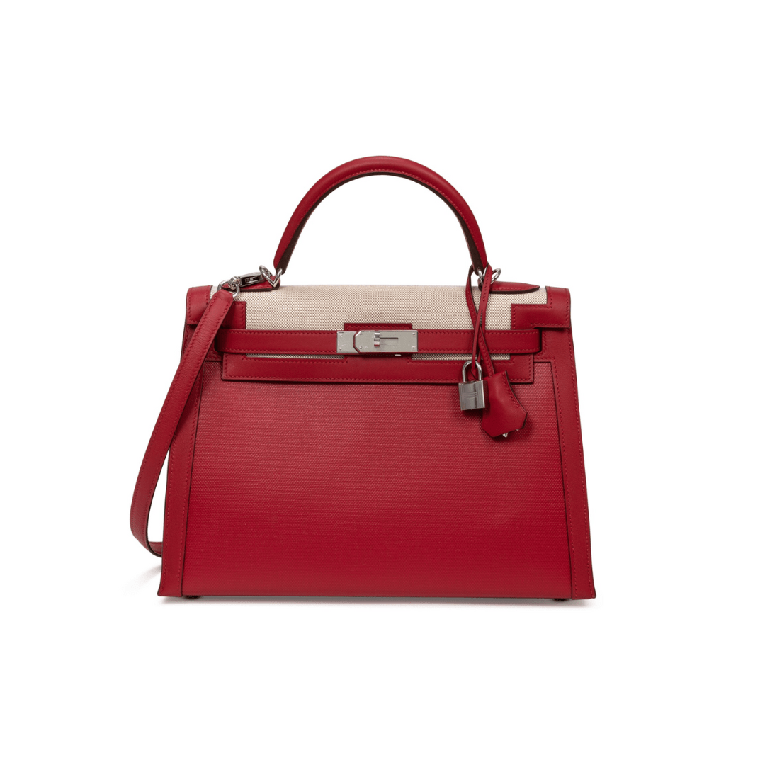 Hermes Kelly 32 Sellier Rouge Piment Swift and Toile Berline