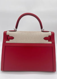 Thumbnail for Hermes Kelly 32 Sellier Rouge Piment Swift and Toile Berline Palladium Hardware Wrist Aficionado