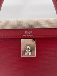 Thumbnail for Hermes Kelly 32 Sellier Rouge Piment Swift and Toile Berline Palladium Hardware Wrist Aficionado