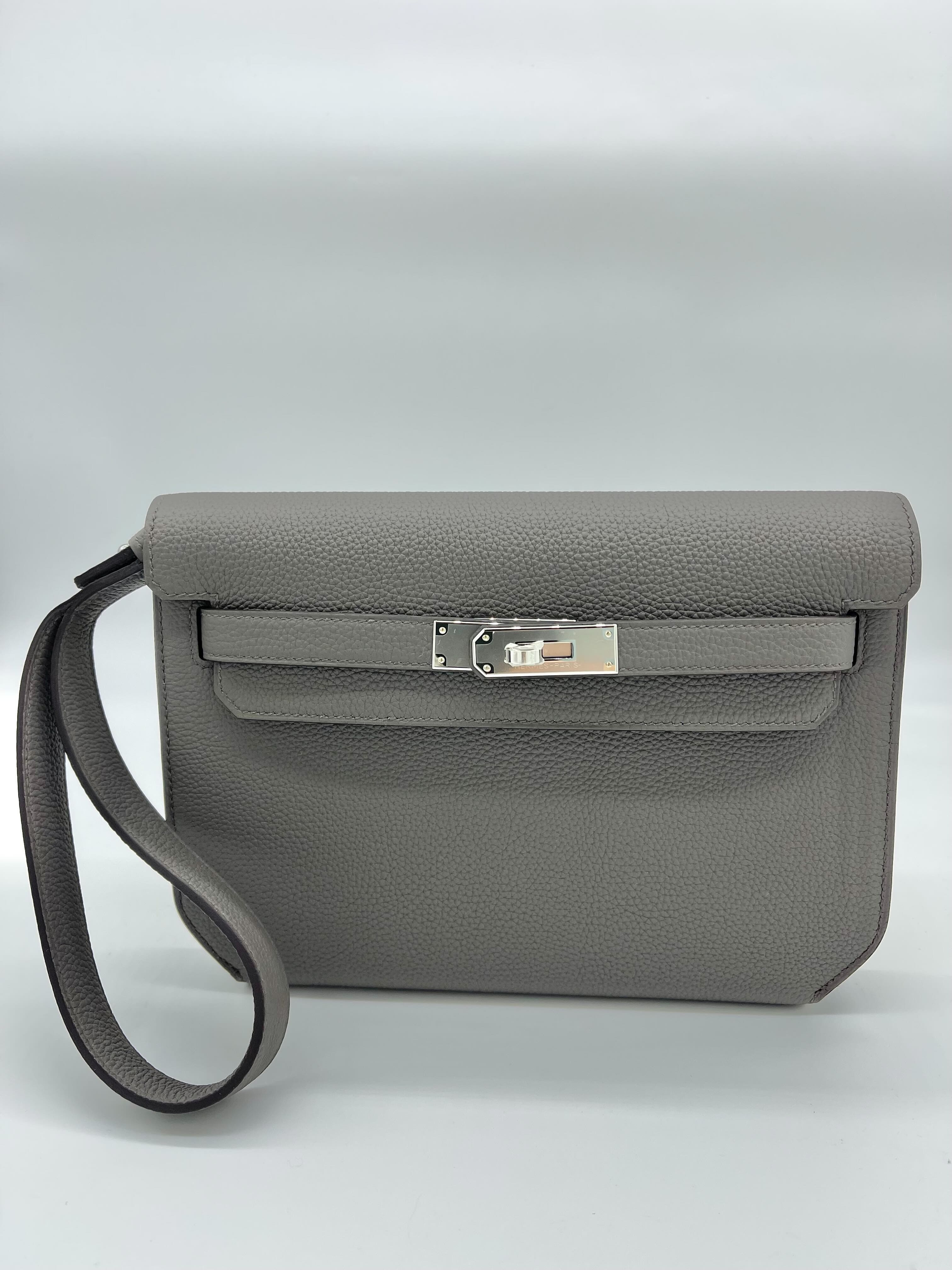 Hermes Kelly Depeches 25 Gris Etain Togo Calfskin Clutch Wrist Aficionado