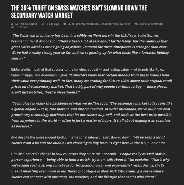 The 39% Tariff on Swiss Watches Isn’t Slowing Down the Secondary Watch Market