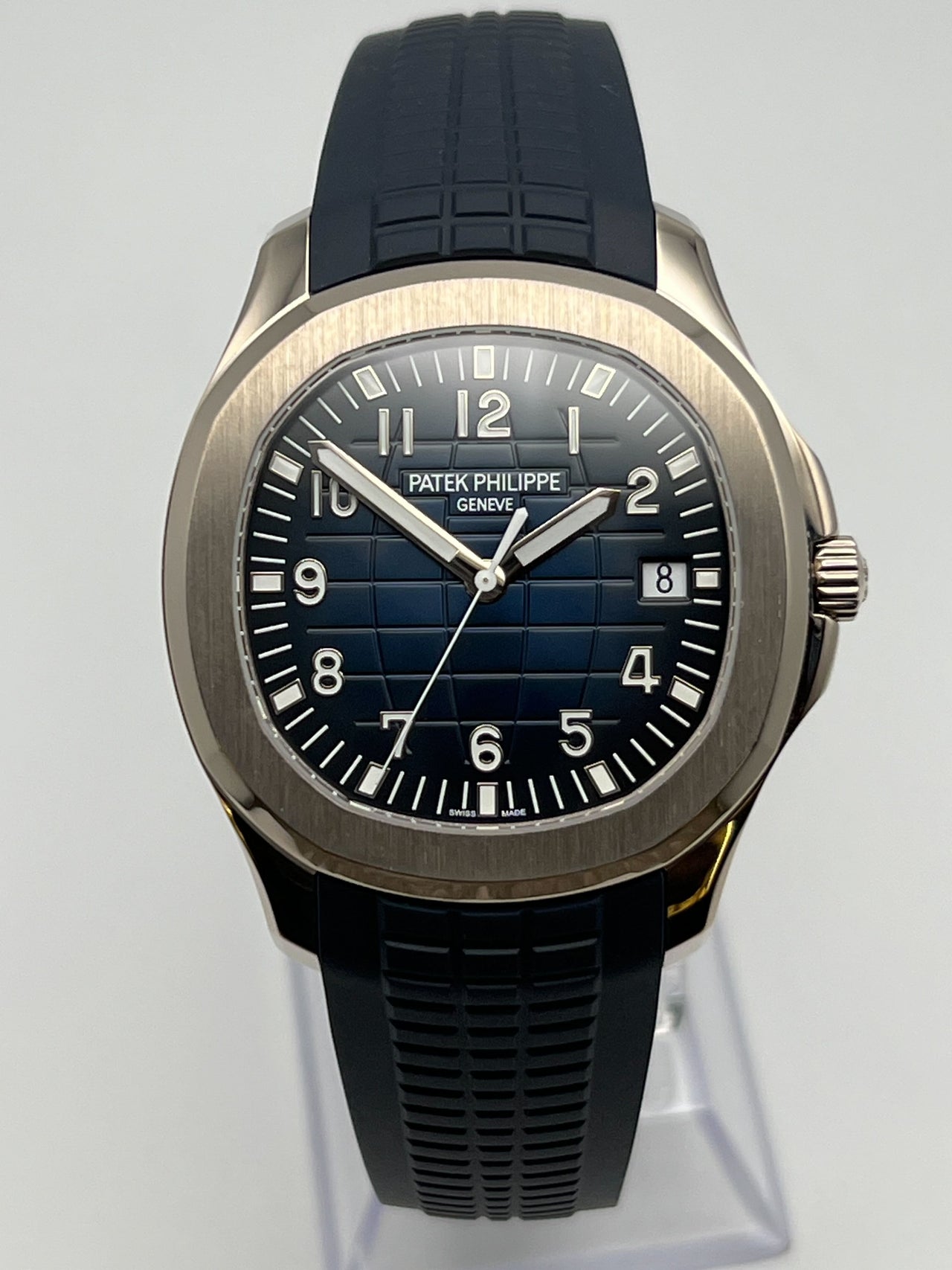 Luxury Watch Patek Philippe Aquanaut 42.2mm White Gold Blue Dial 5168G-001 Wrist Aficionado