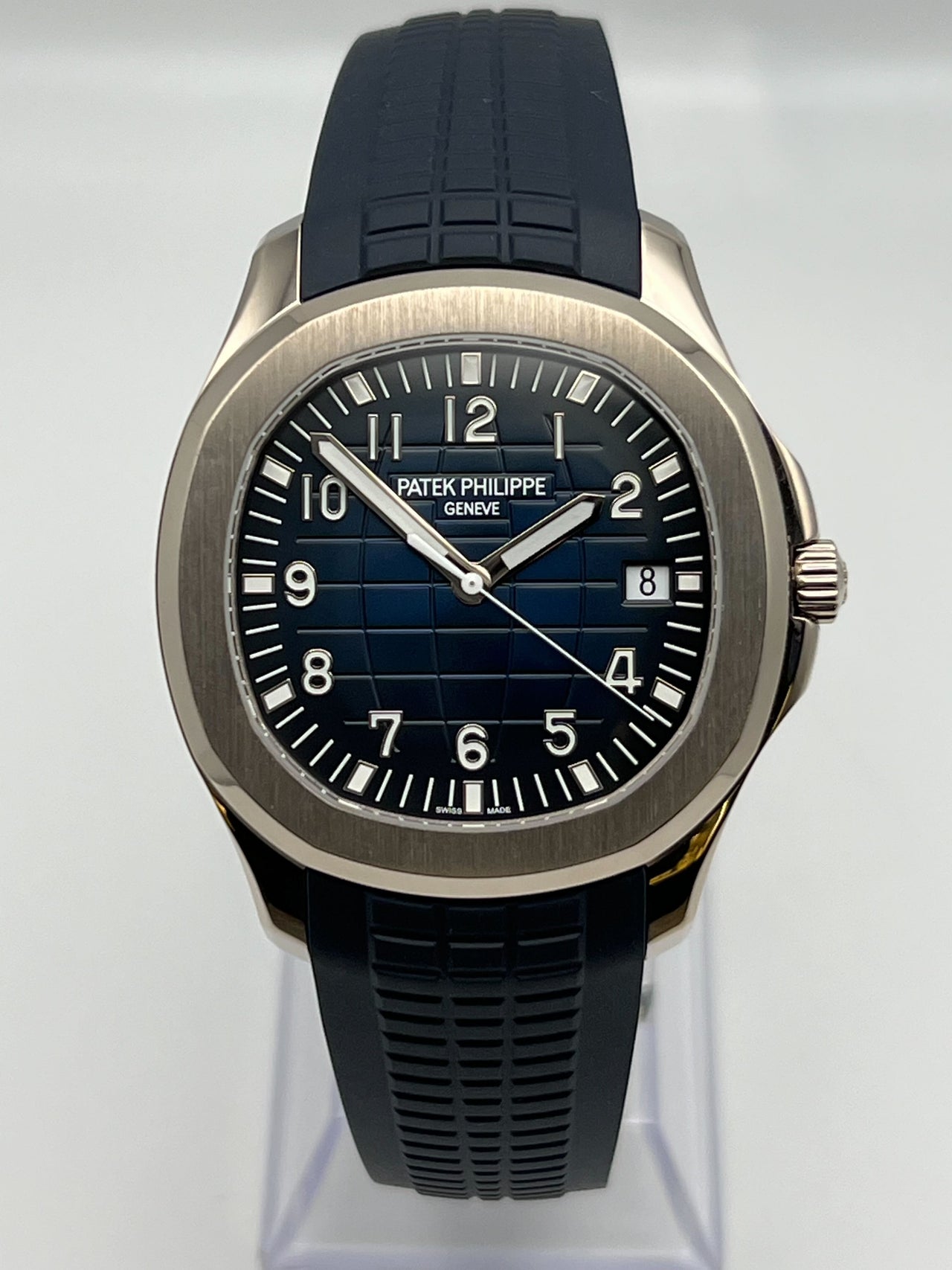 Luxury Watch Patek Philippe Aquanaut 42.2mm White Gold Blue Dial 5168G-001 Wrist Aficionado