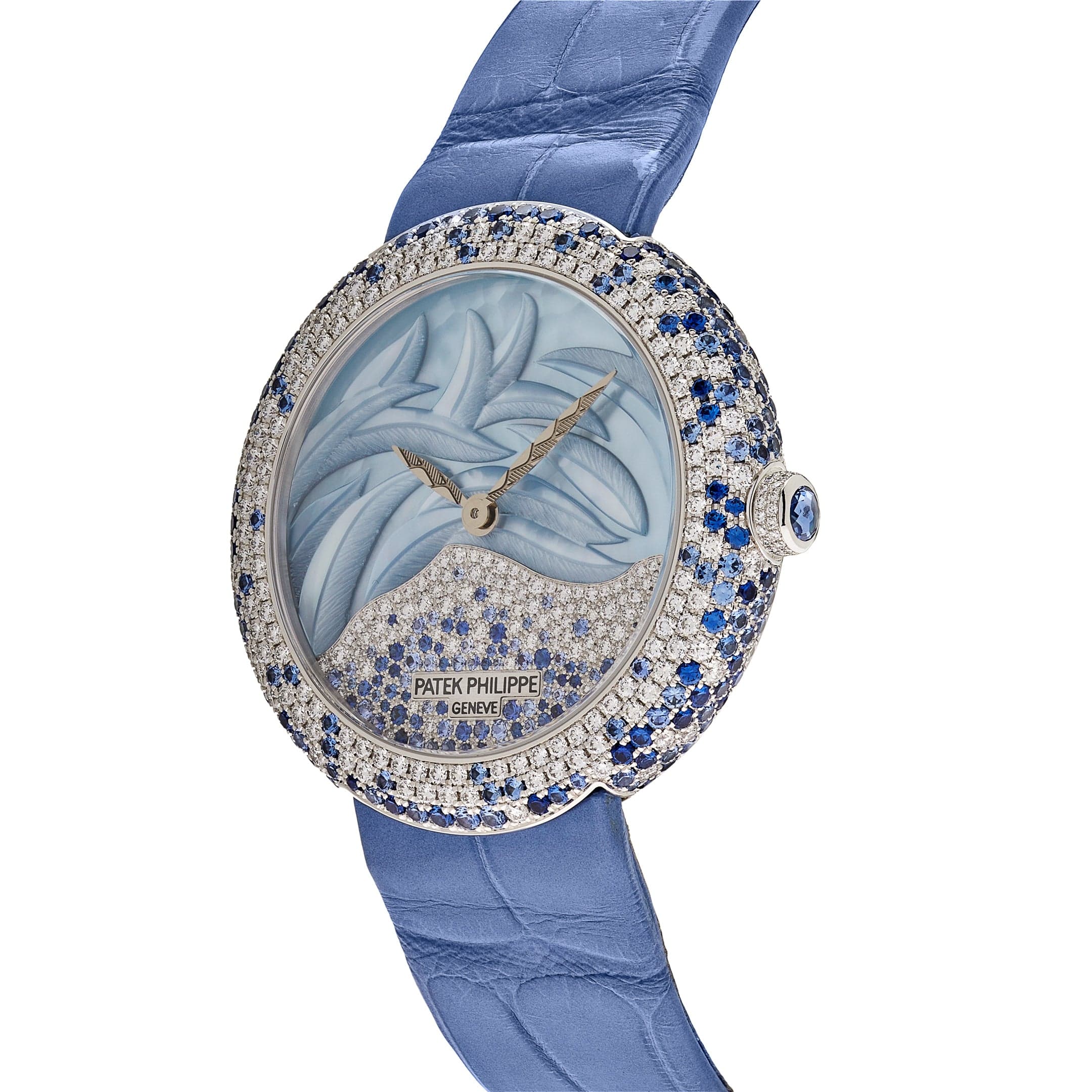 Luxury Watch Patek Philippe Calatrava White Gold Mother of Pearl Diamonds and Blue Sapphires 4899/901G-001 Wrist Aficionado