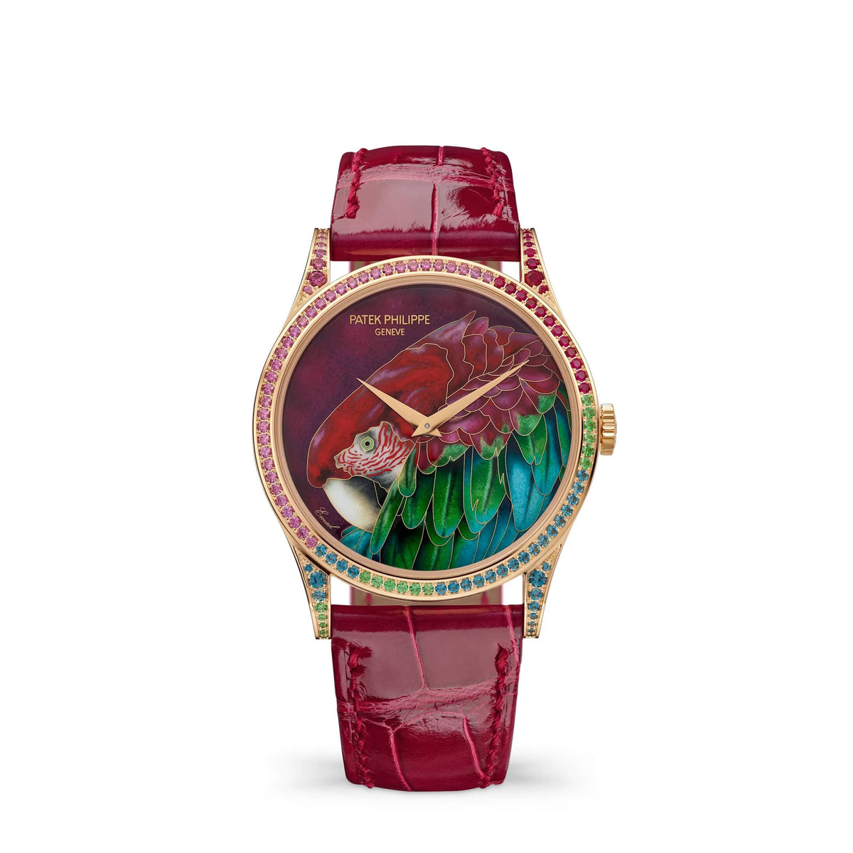 Patek Philippe Calatrava Rare Handcrafts 5077/211R-001 'Green-Winged Macaw' Rose Gold Red Dial Diamond Rhodolite Topaz Ruby Tsavorite Bezel Limited Edition of 10 (2026)