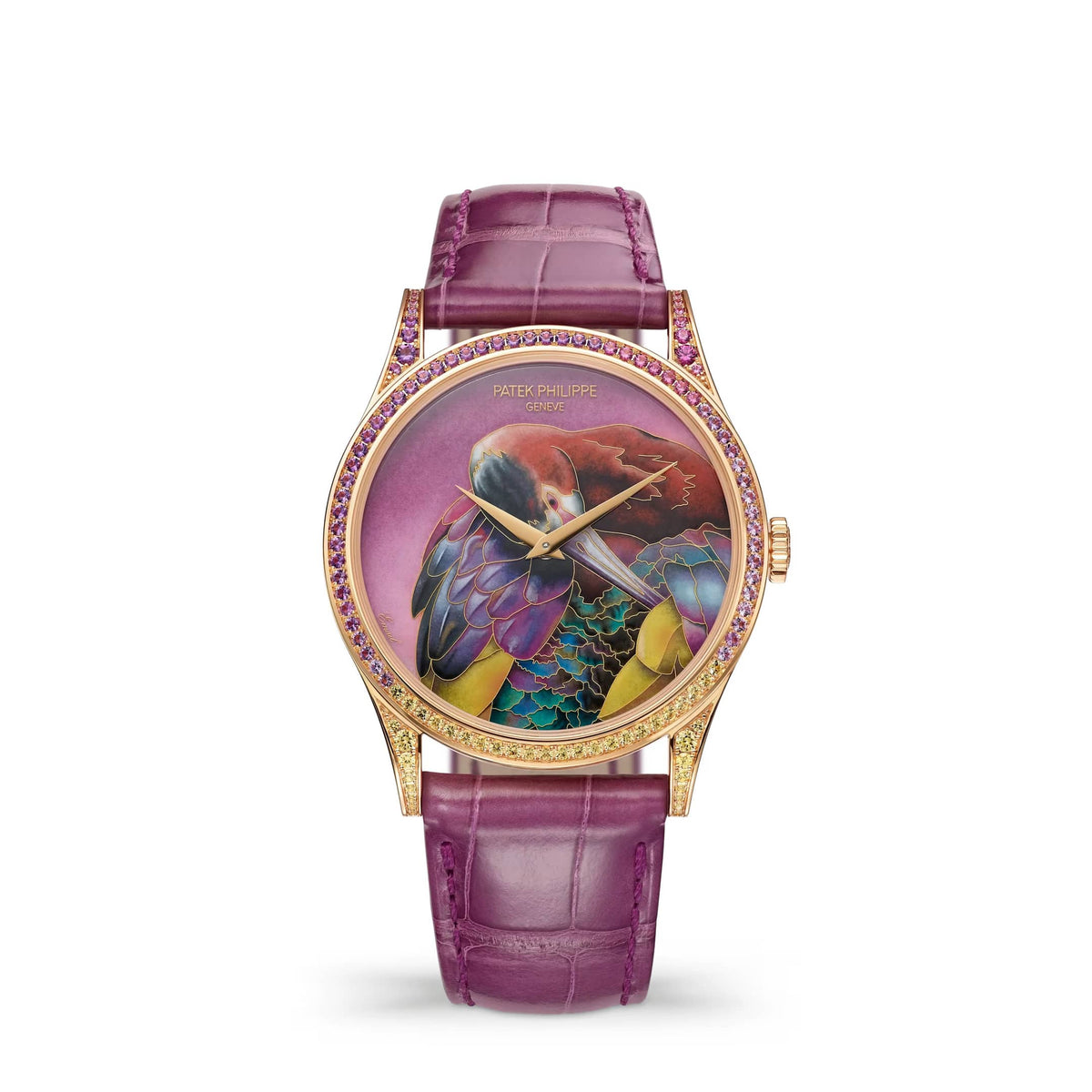 Patek Philippe Calatrava Rare Handcrafts 5077/213R-001 'White-Faced Ibis' Rose Gold Cloisonne Enamel Dial Sapphire Amethyst Rhodolite Bezel Limited Edition of 10 (2026)