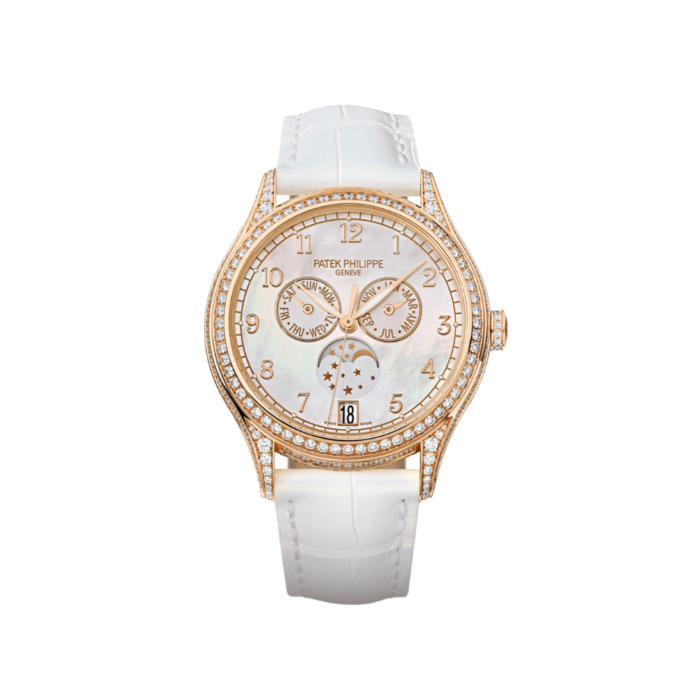 Luxury Watch Patek Philippe Complications Annual Calendar Moon Phases Mother Of Pearl & Diamonds 4948R-001 Wrist Aficionado