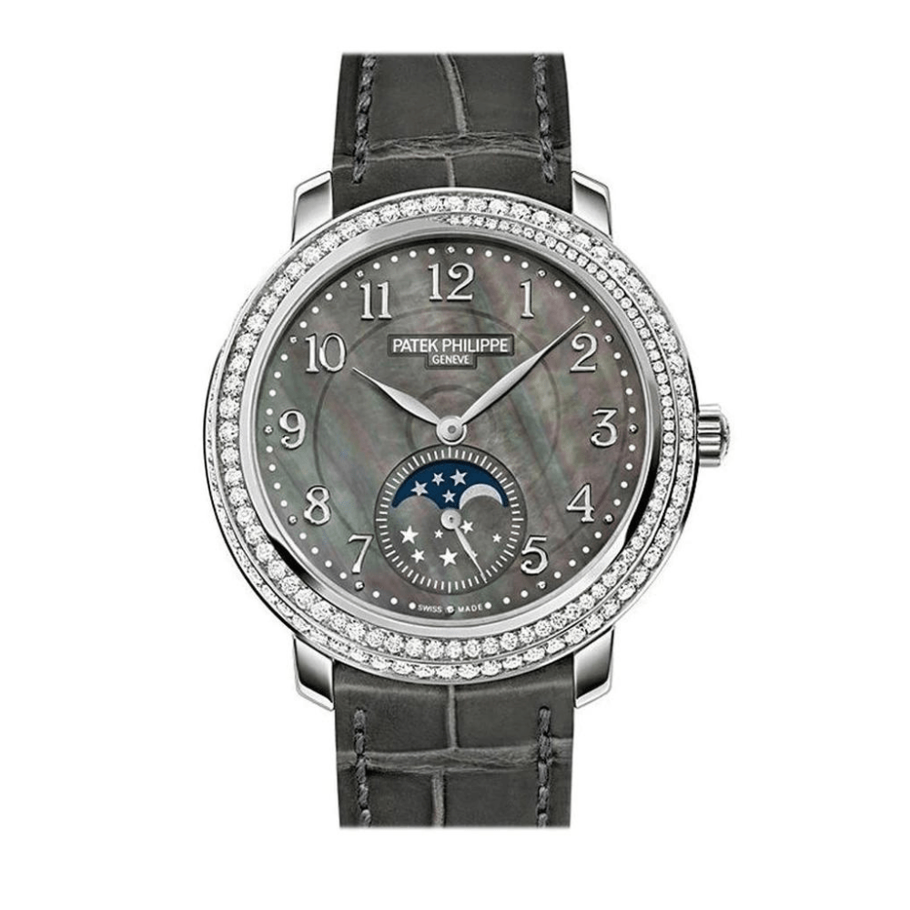Luxury Watch Patek Philippe Complications Moon Phase White Gold Black Tahitian Mother of Pearl Diamond 4968G-001 Wrist Aficionado