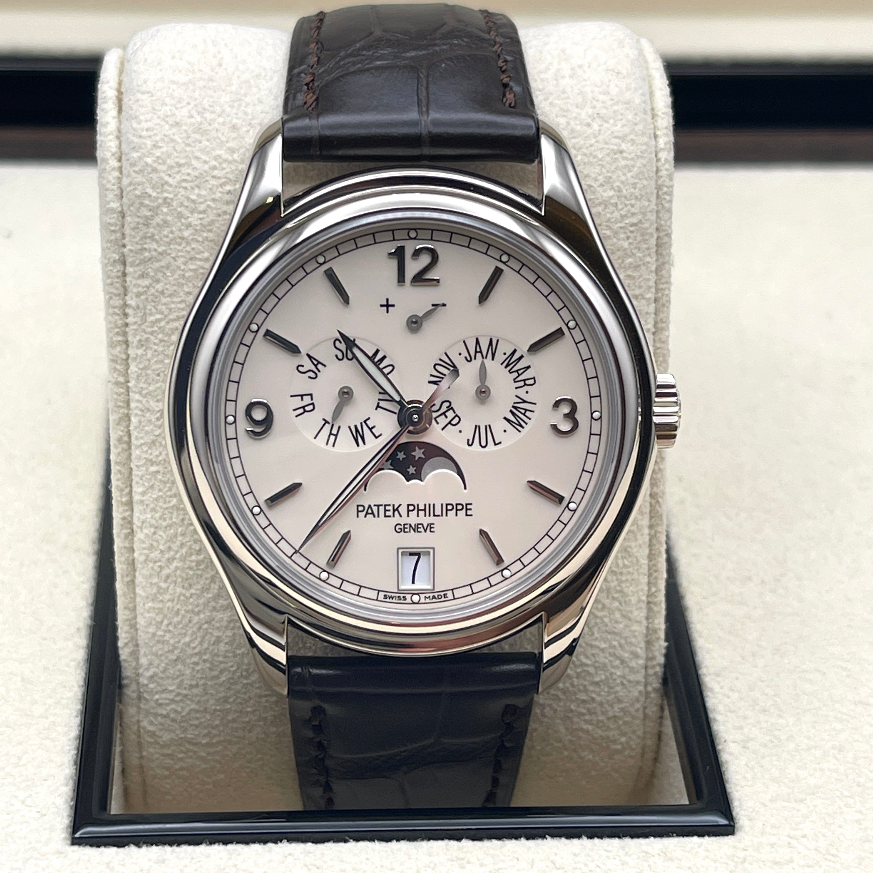 Luxury Watch Patek Philippe Complications Moon Phases Annual Calendar 5146G-001 Wrist Aficionado