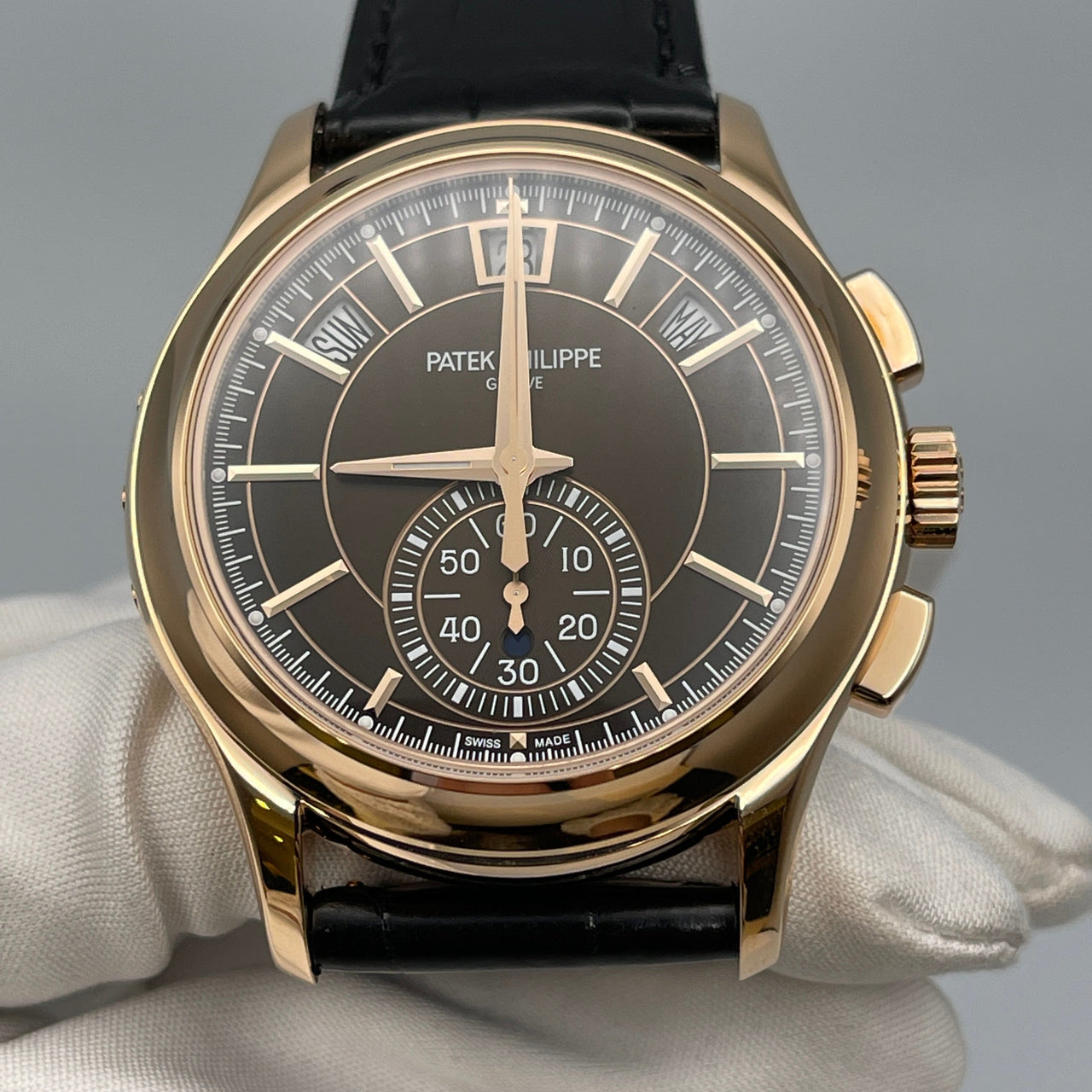 Luxury Watch Patek Philippe Flyback Chronograph Annual Calendar Rose Gold Brown 5905R-001 Wrist Aficionado