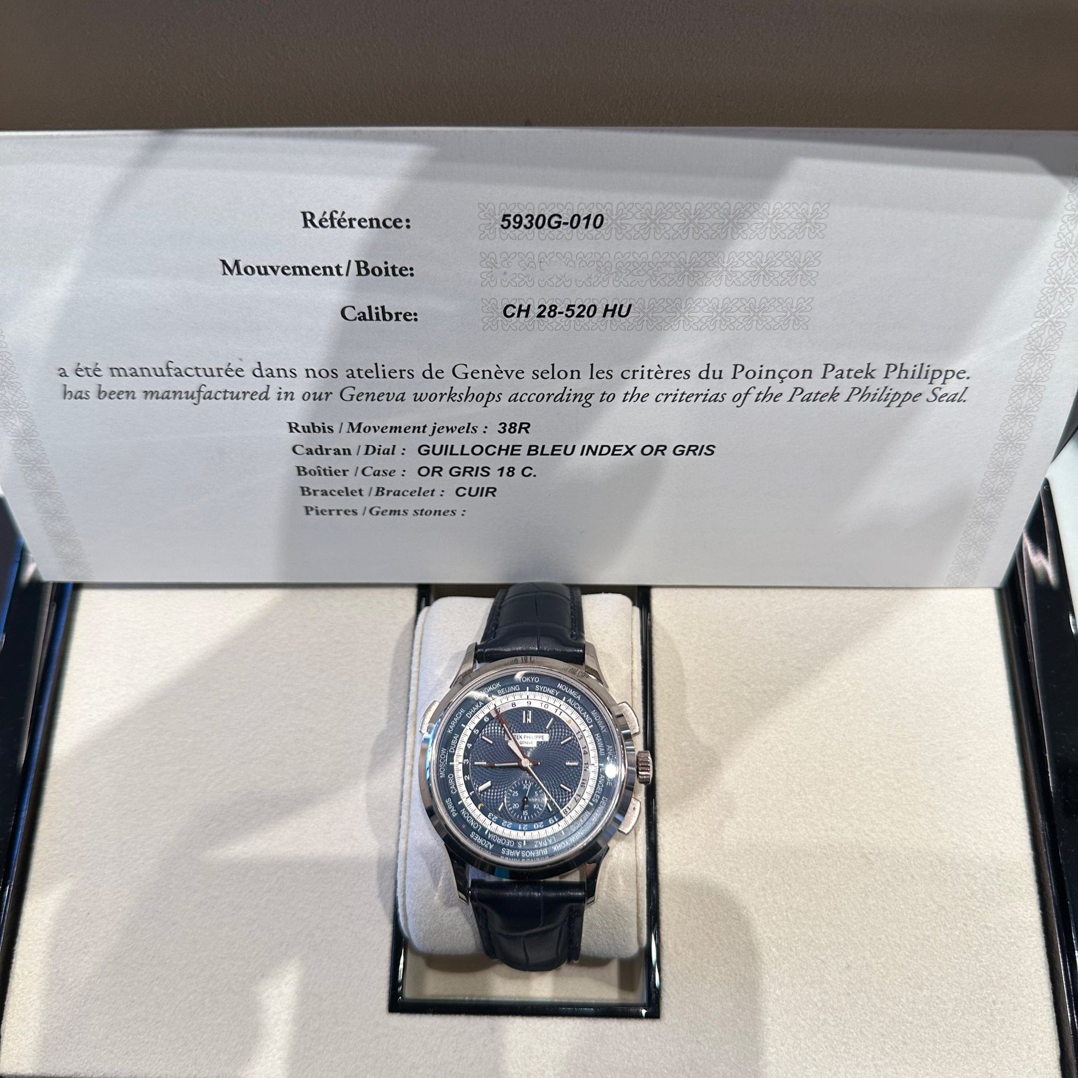 Patek Philippe Complications 5930G-010 World Time Flyback Chronograph White Gold Blue Dial (2019)