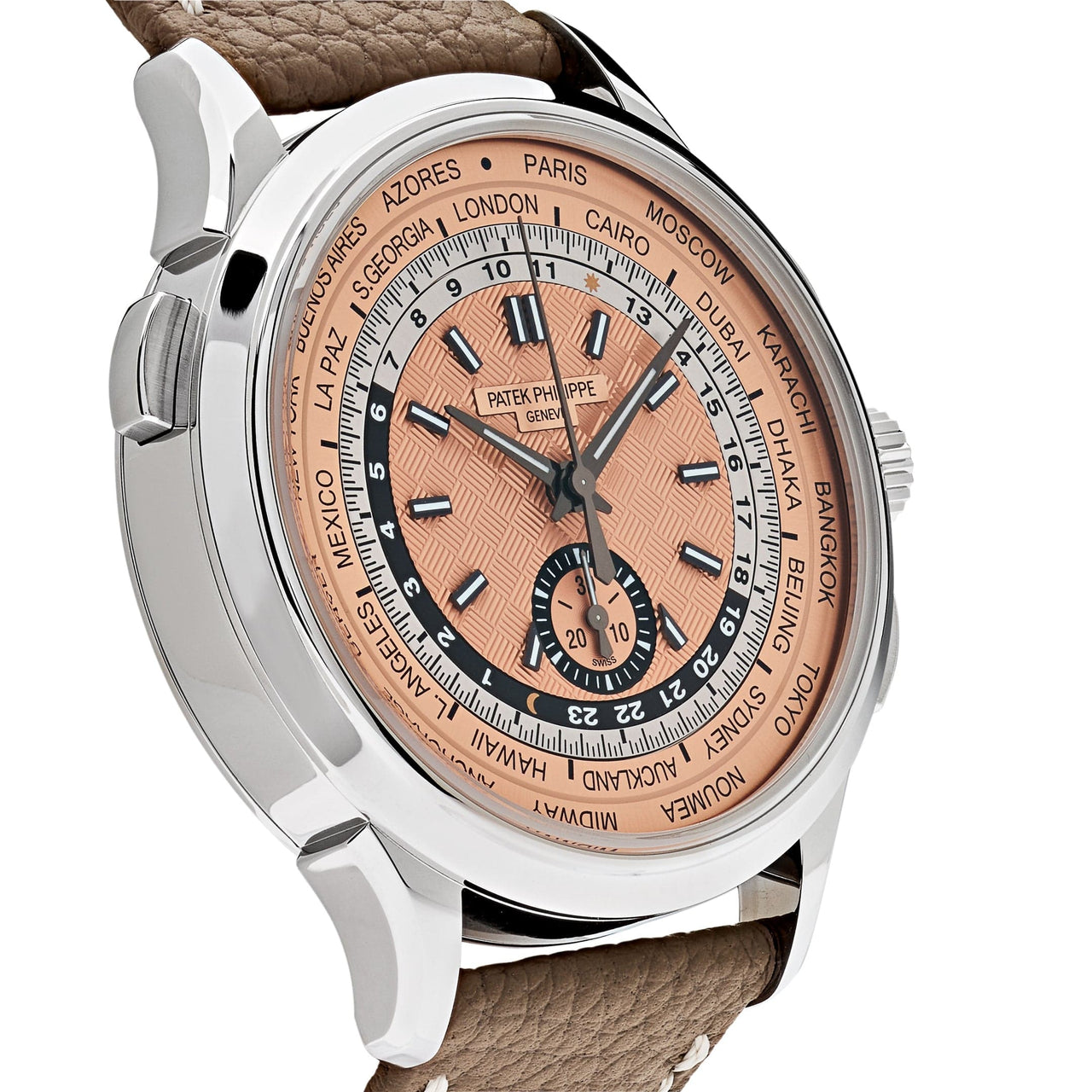 Luxury Watch Patek Philippe World Time Flyback Chronograph Steel Opaline Carbon Motif Dial 5935A-001 Wrist Aficionado