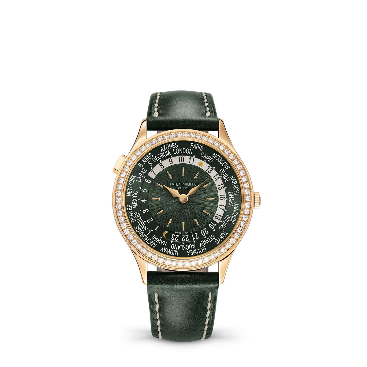 Patek Philippe Complications 7130R-014 World Time Rose Gold Green Dial Diamond Bezel