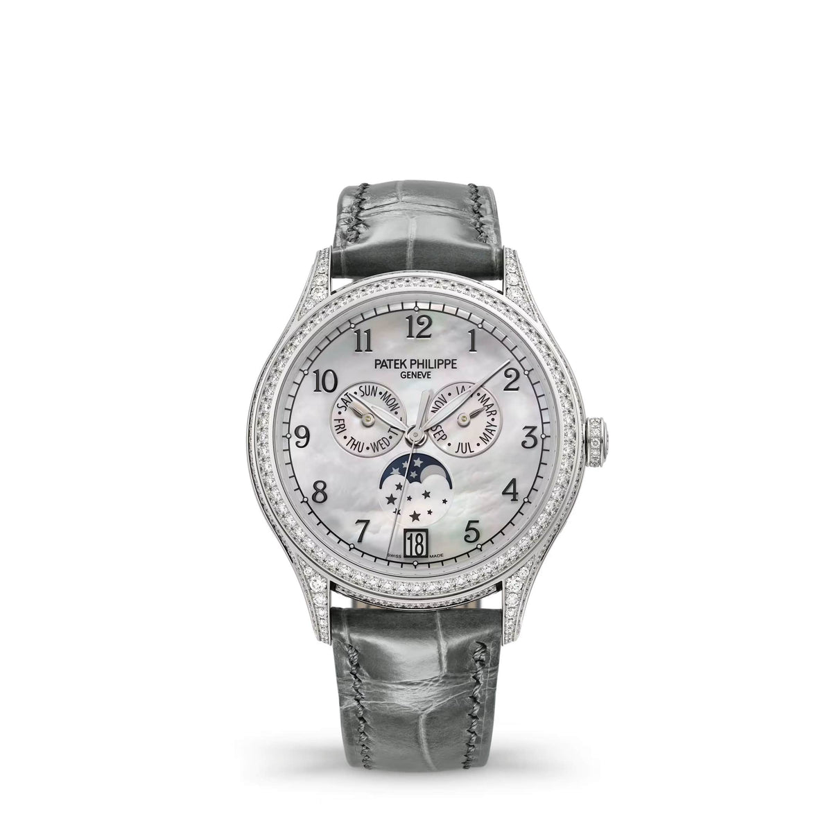 Patek Philippe Complications Joaillerie 4948G-010 Annual Calendar Moon Phase White Gold White MOP Dial Diamond Bezel