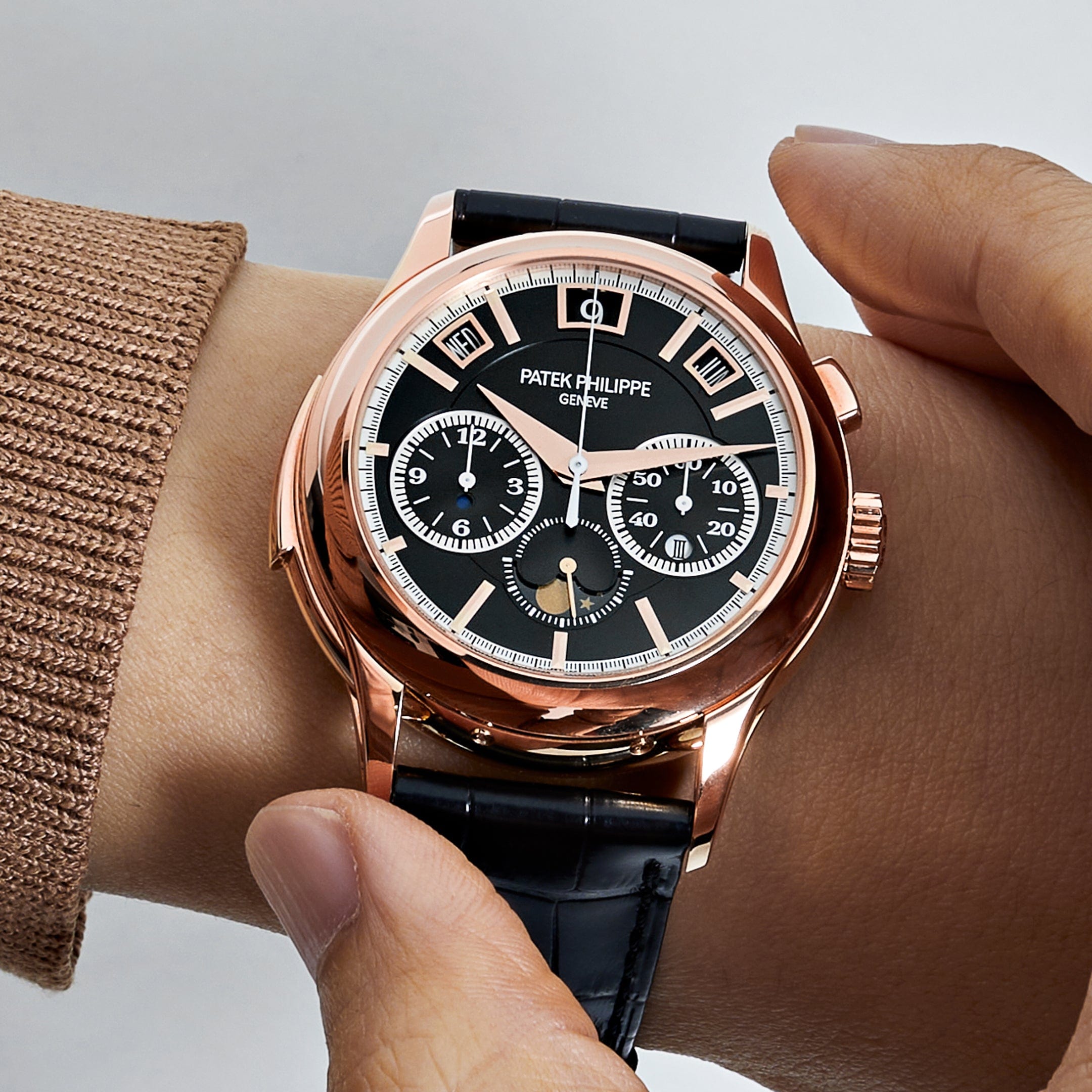 Luxury Watch Patek Philippe Grand Complications Minute Repeater Perpetual Calendar Rose Gold Black Dial 5208R-001 Wrist Aficionado