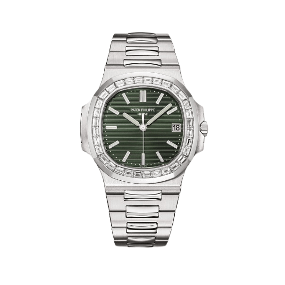 Luxury Watch Patek Philippe Nautilus Steel Olive Green Dial Baguette Diamond Bezel 5711/1300A Wrist Aficionado